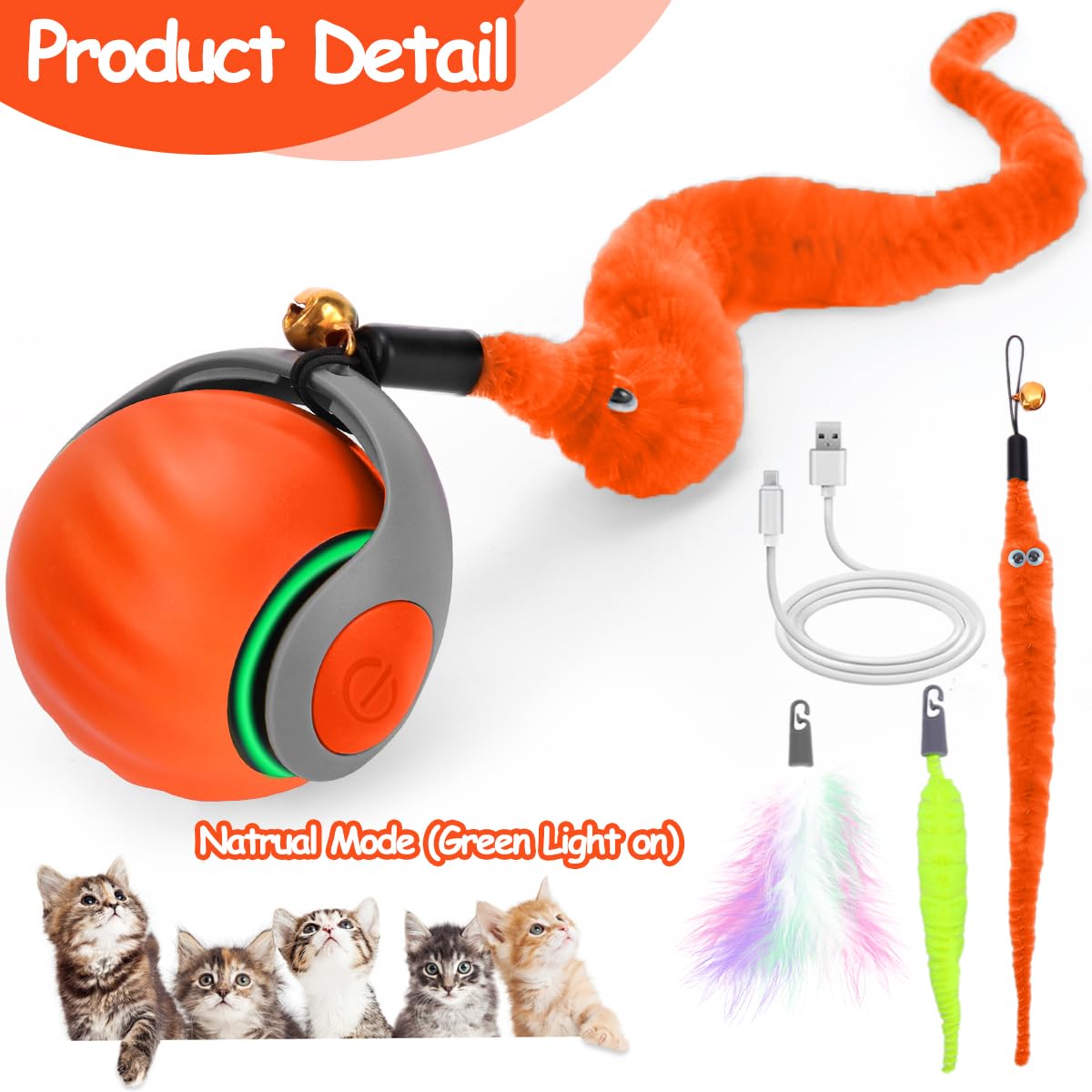 Mity Rain orange ball toy with sensors invites natural chase and paw engagement.