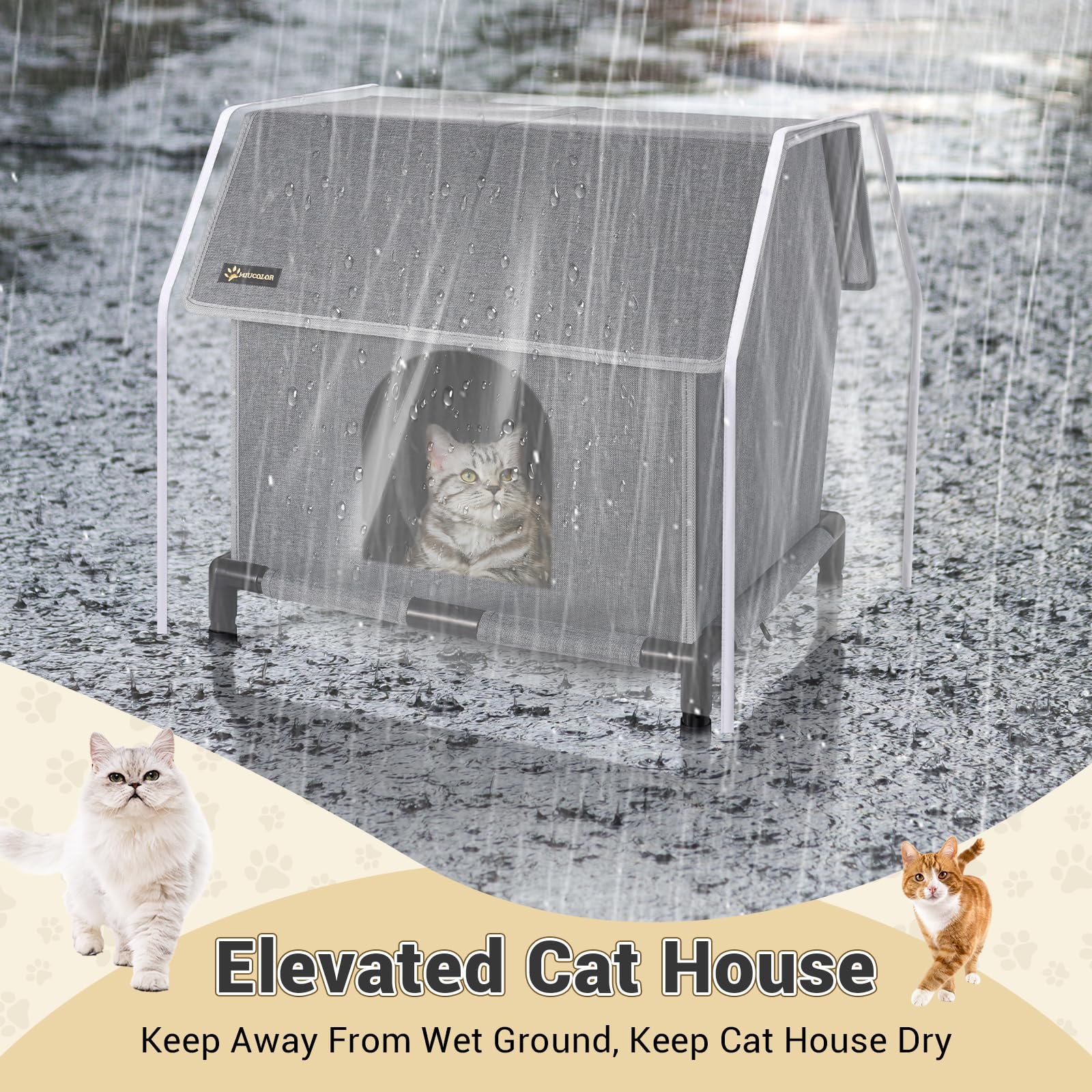 MIU COLOR outdoor cat house elevated frame keeps shelter dry from ground moisture.