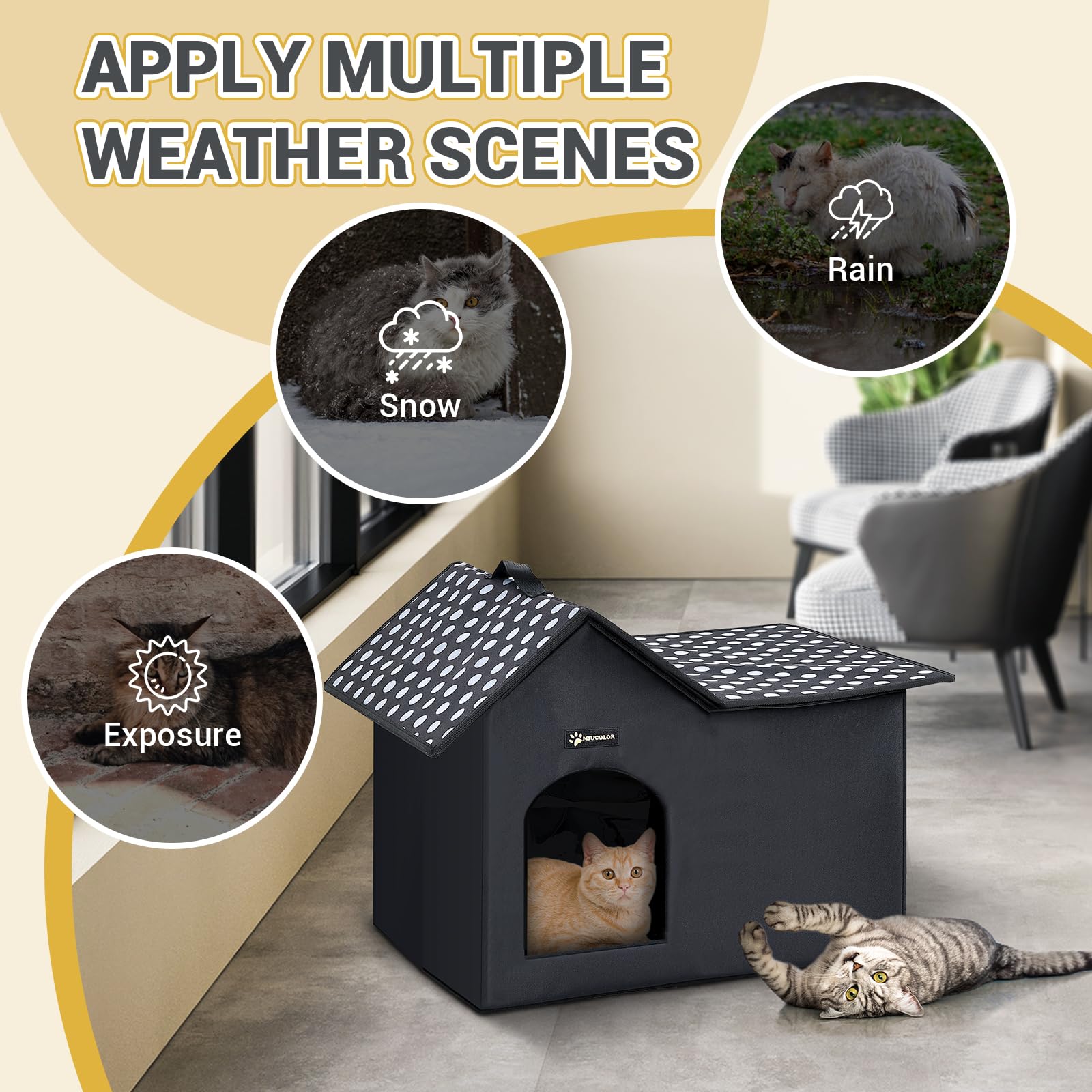 MIU COLOR Outdoor Cat House side view reveals spacious interior for pets up to 24 pounds.