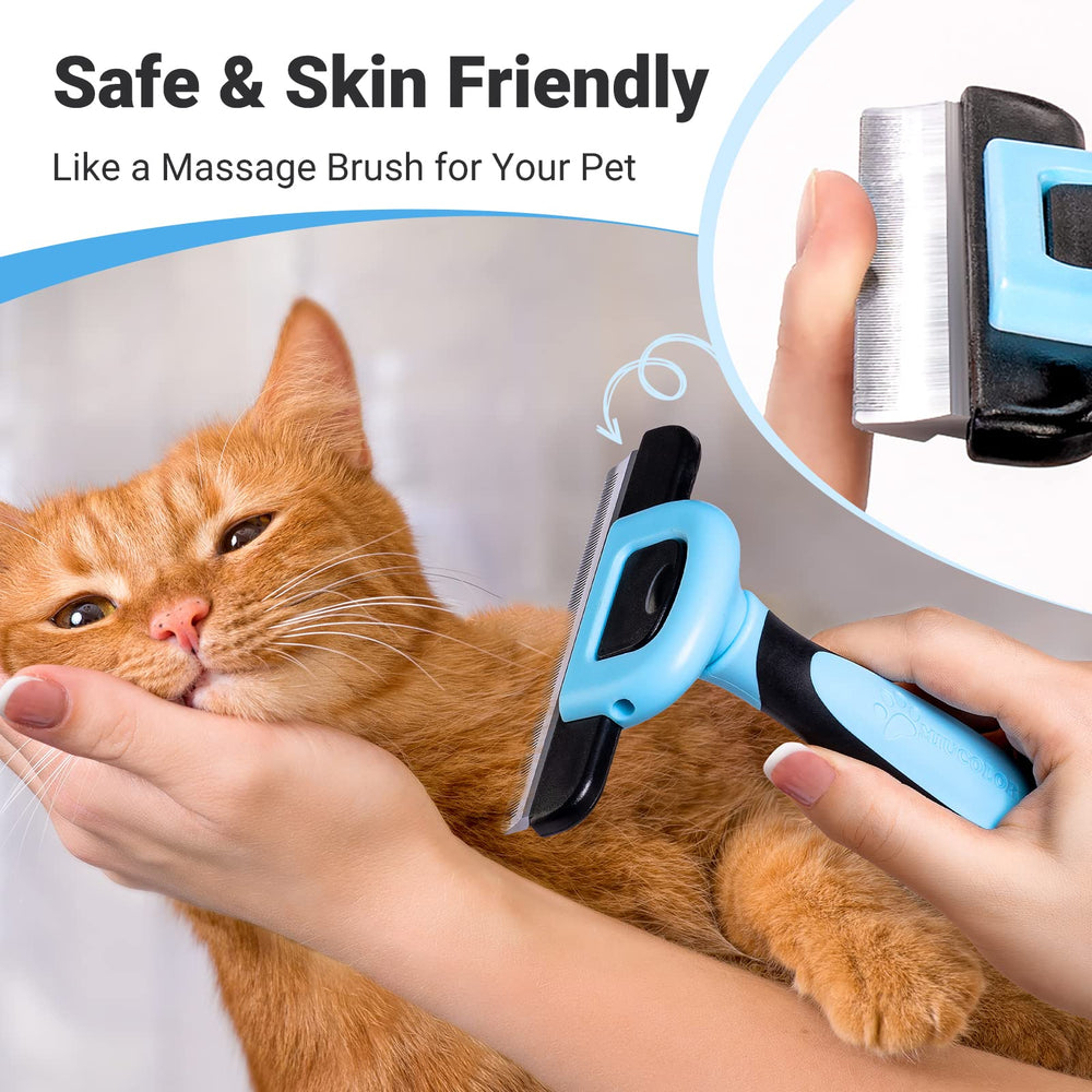 MIU COLOR pet grooming brush used on cat to reduce loose fur safely.