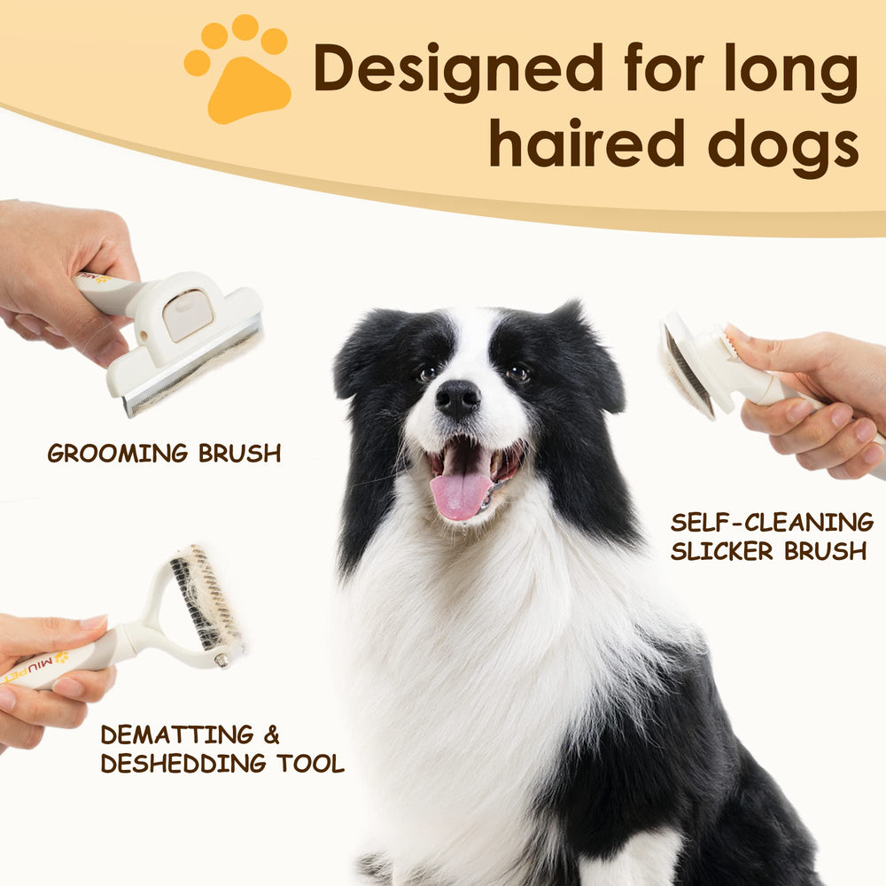 MIU PET 3-in-1 grooming set closeup bristles for detangling and deshedding.