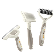 MIU PET longhaired dog grooming kit hero image shows home deshedding solution.
