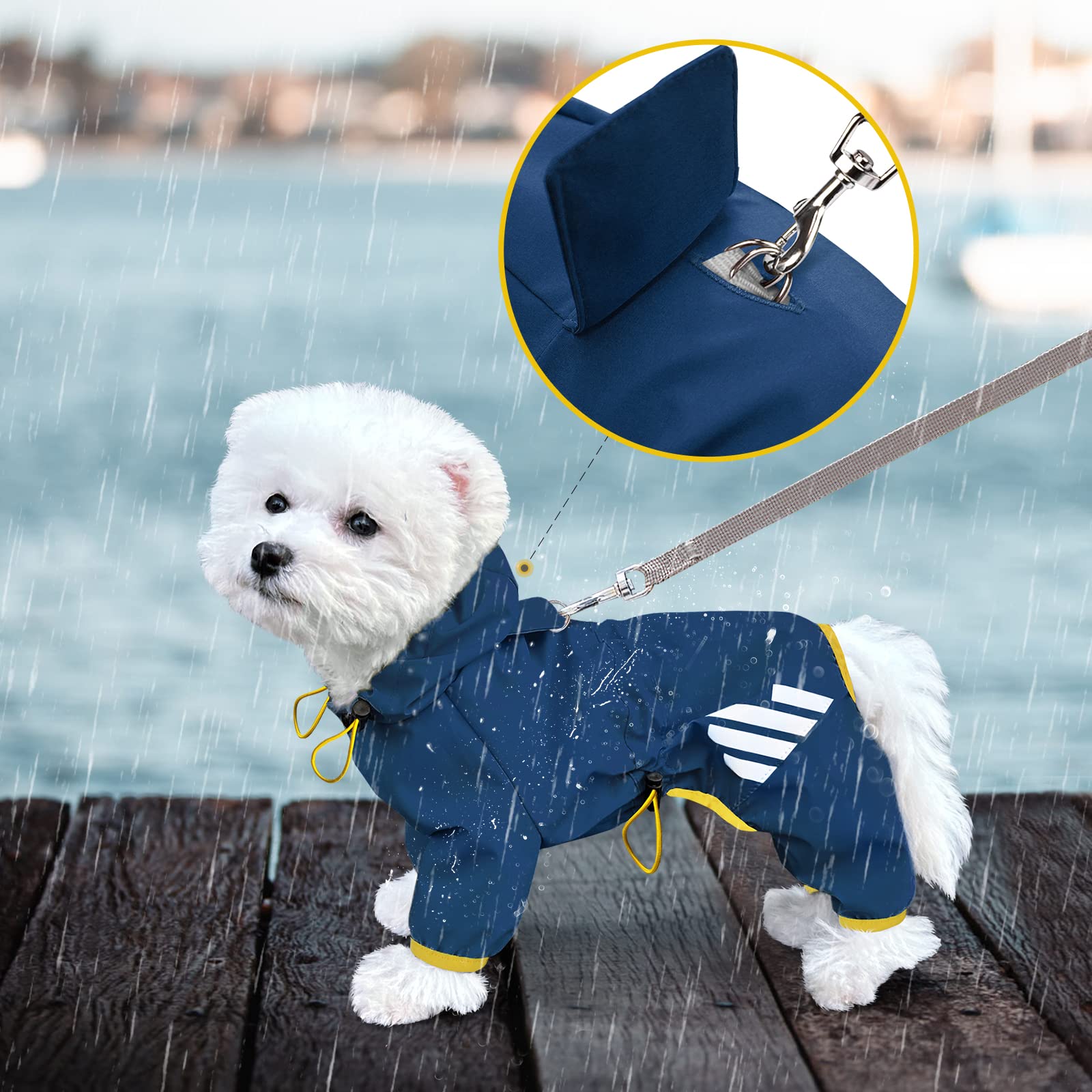 Miucat dog raincoat with adjustable neck and waist for a secure fit.