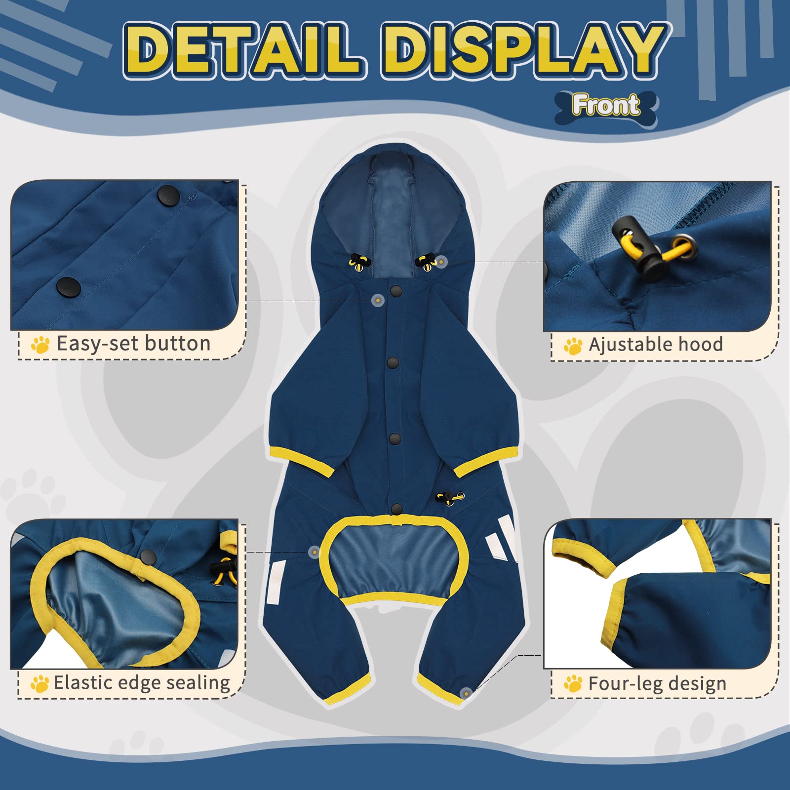 Miucat dog raincoat features four-leg design for full-body protection against rain.