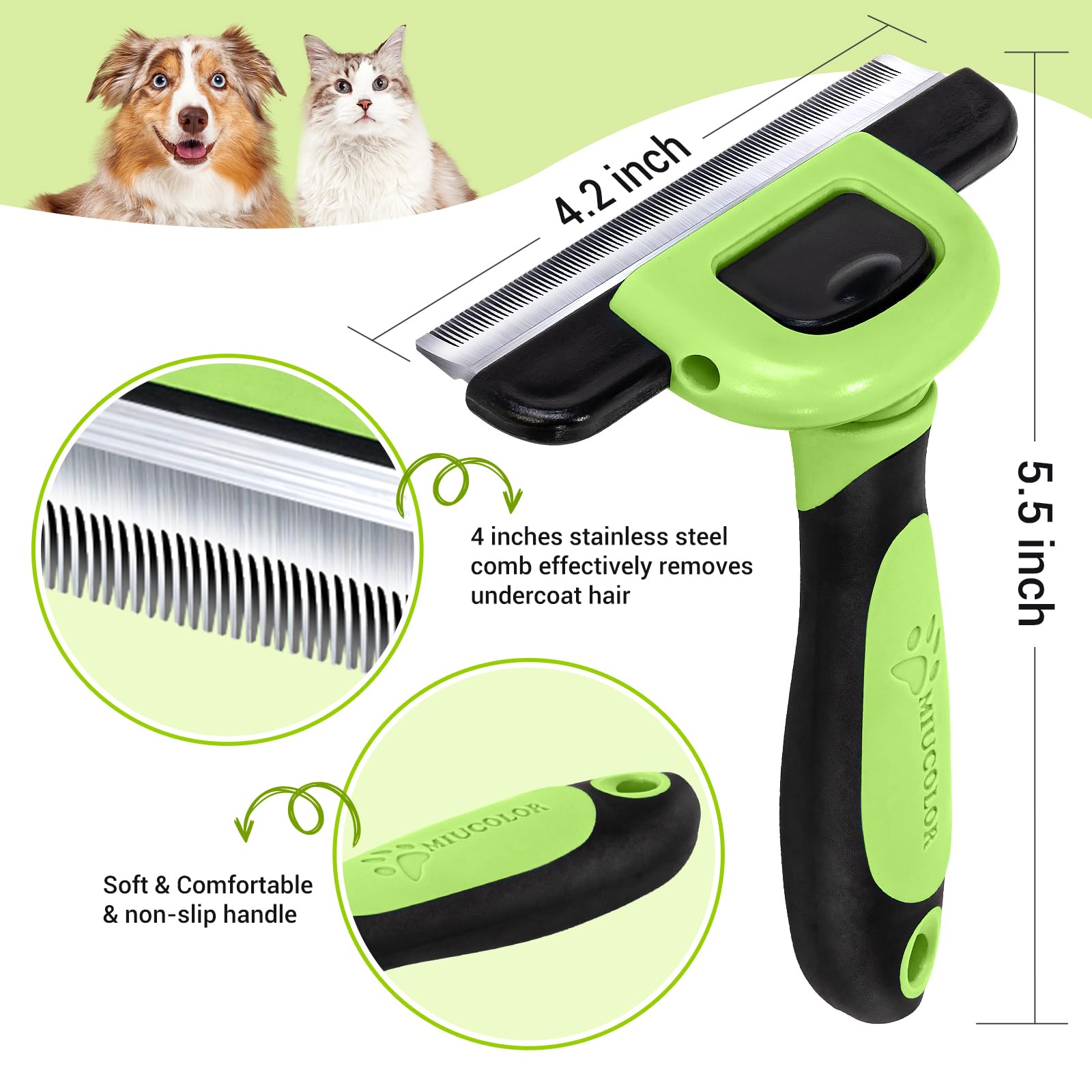 MIU COLOR Deshedding Tool closeup highlights stainless steel teeth for even shedding action.
