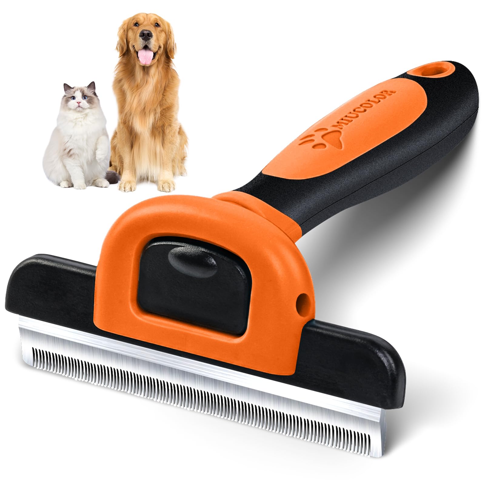MIU COLOR Pet Grooming Brush with steel teeth removes loose undercoat for smoother coats.