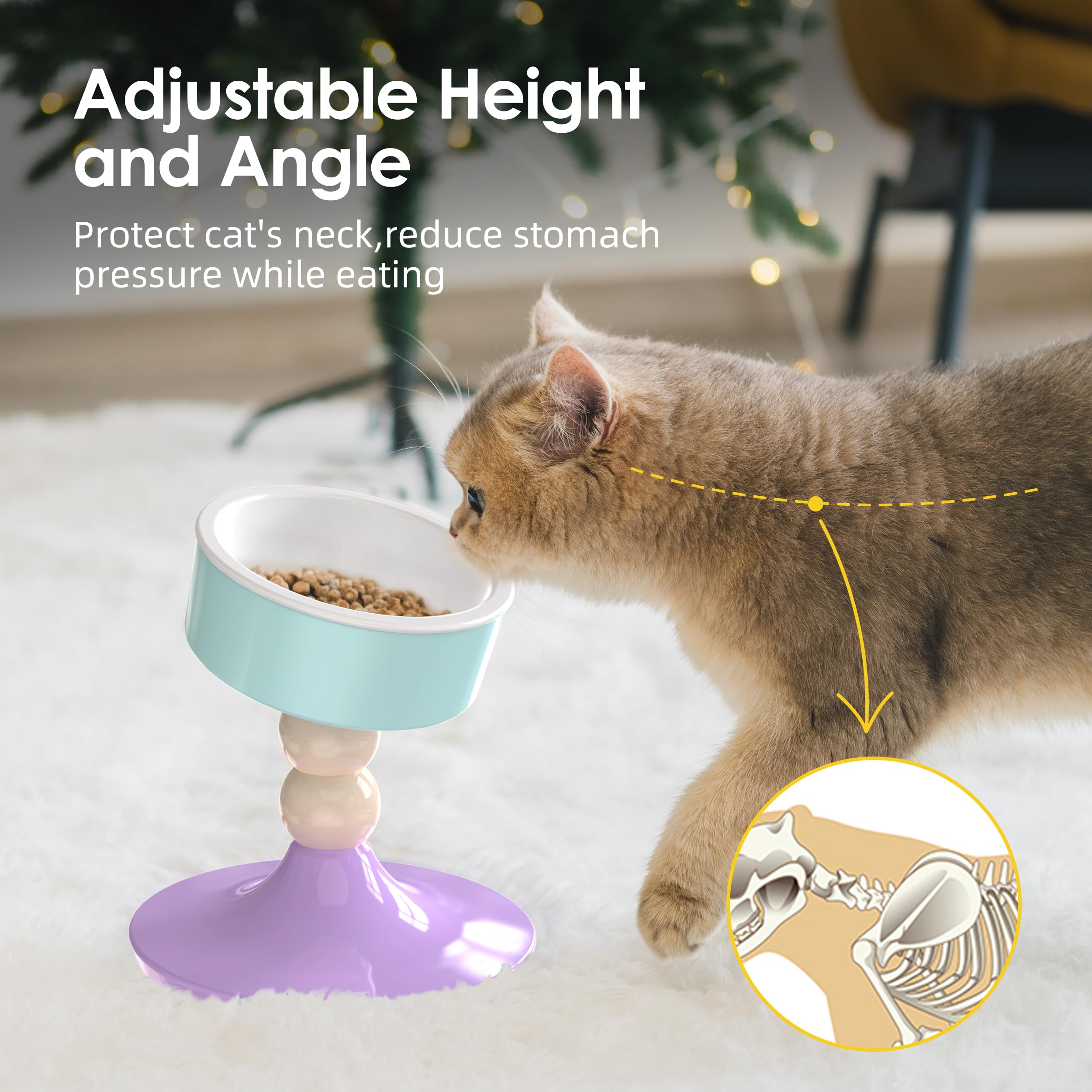 MIU PET ceramic elevated cat bowls tilt angle view showing 0-20° for comfortable feeding
