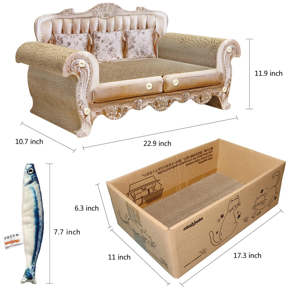 Miwoowim cat scratcher bed side view showing compact dimensions and lounge area