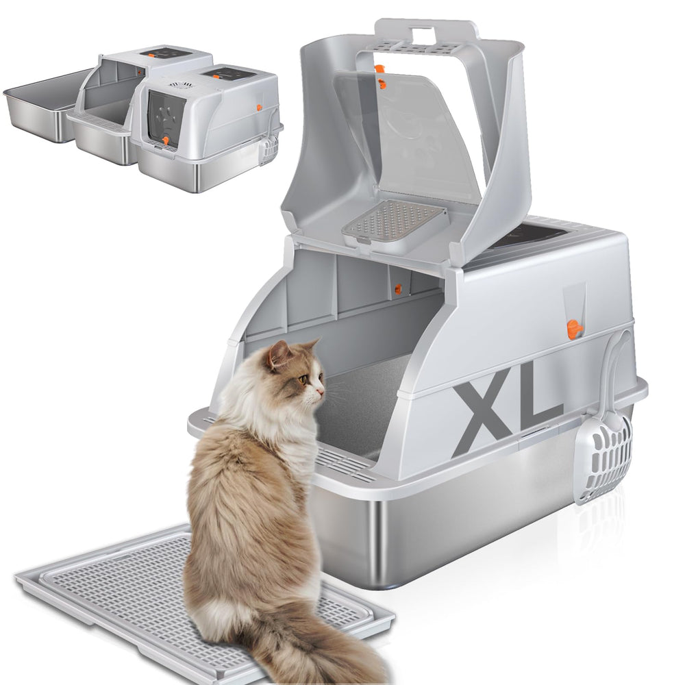 MIWOOYY stainless steel cat litter box front view shows ample space for multiple cats.