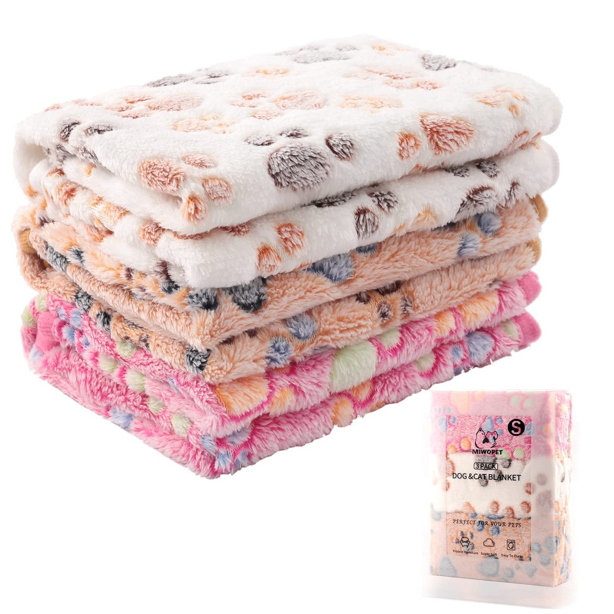 MIWOPET 3 Pack Blanket with paw-print design offers cozy warmth for small pets.