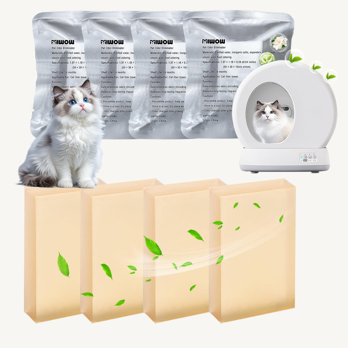 Miwow cat litter deodorizer pack opened for 30-day odor protection in a self-cleaning box