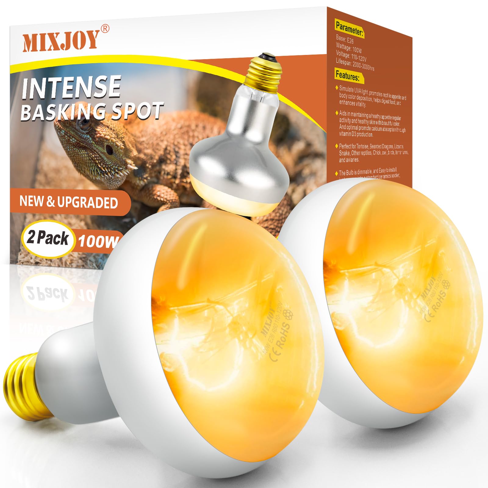 MIXJOY 100W reptile heat lamp bulb front view for efficient basking warmth
