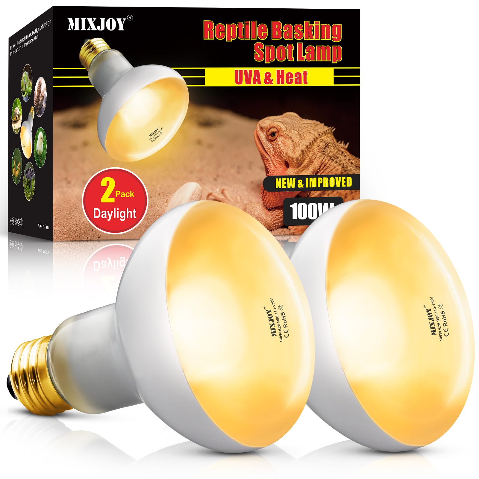 MIXJOY 100W reptile heat lamp bulbs product shot shows efficient warmth for terrariums