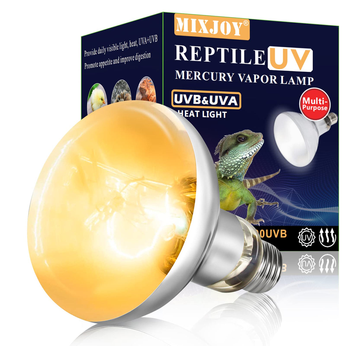 MIXJOY 100W reptile heat lamp full spectrum in use delivers balanced UVB warmth for basking.