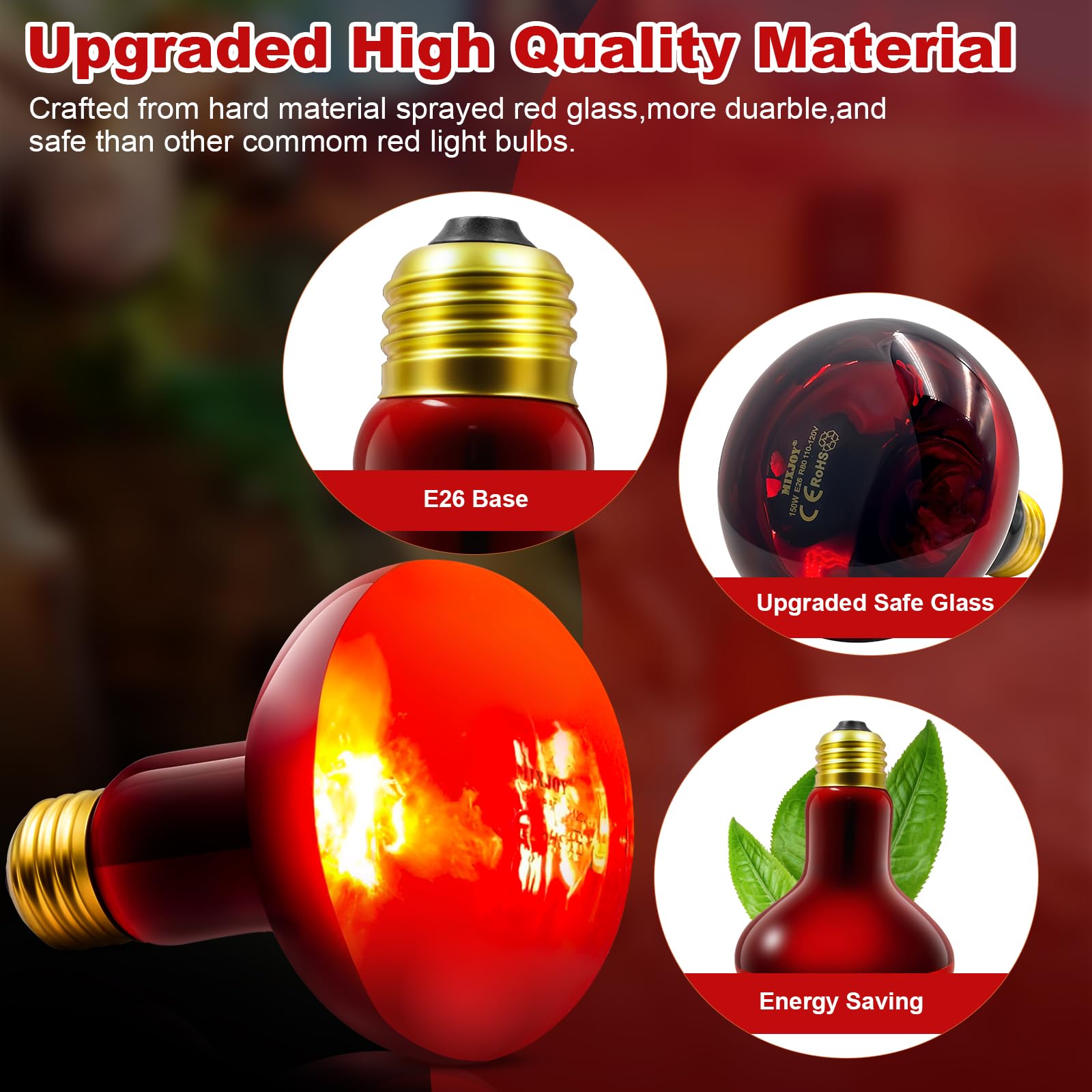MIXJOY infrared heat lamp bulb over a lizard habitat for steady ambient warmth.
