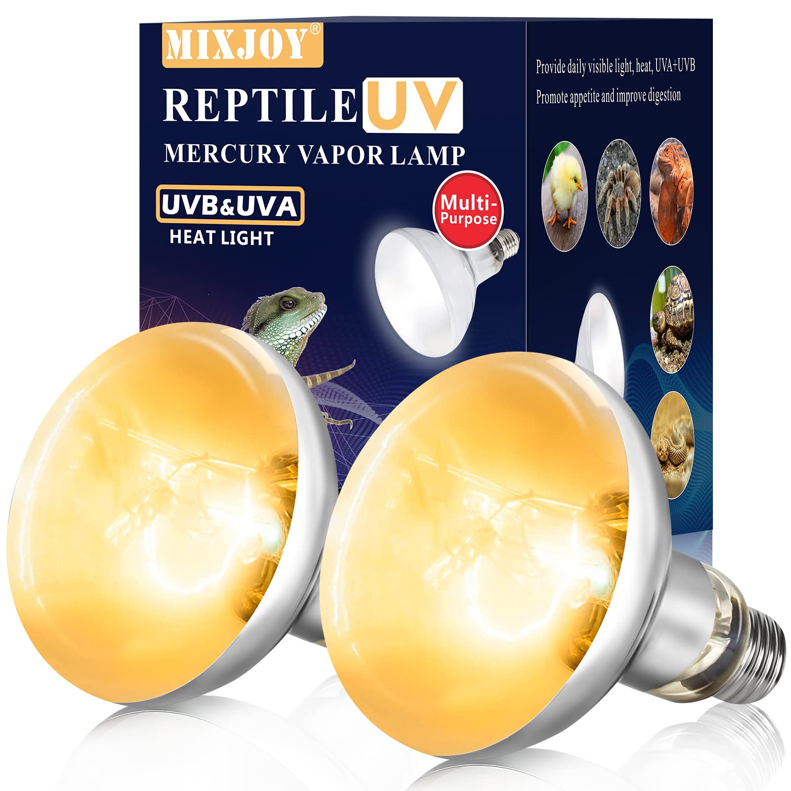MixJOY 2 Pack 100W reptile heat lamp front view for full-spectrum care.