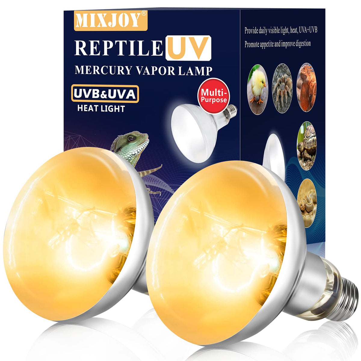 MixJOY 2 Pack 100W reptile heat lamp front view for full-spectrum care.