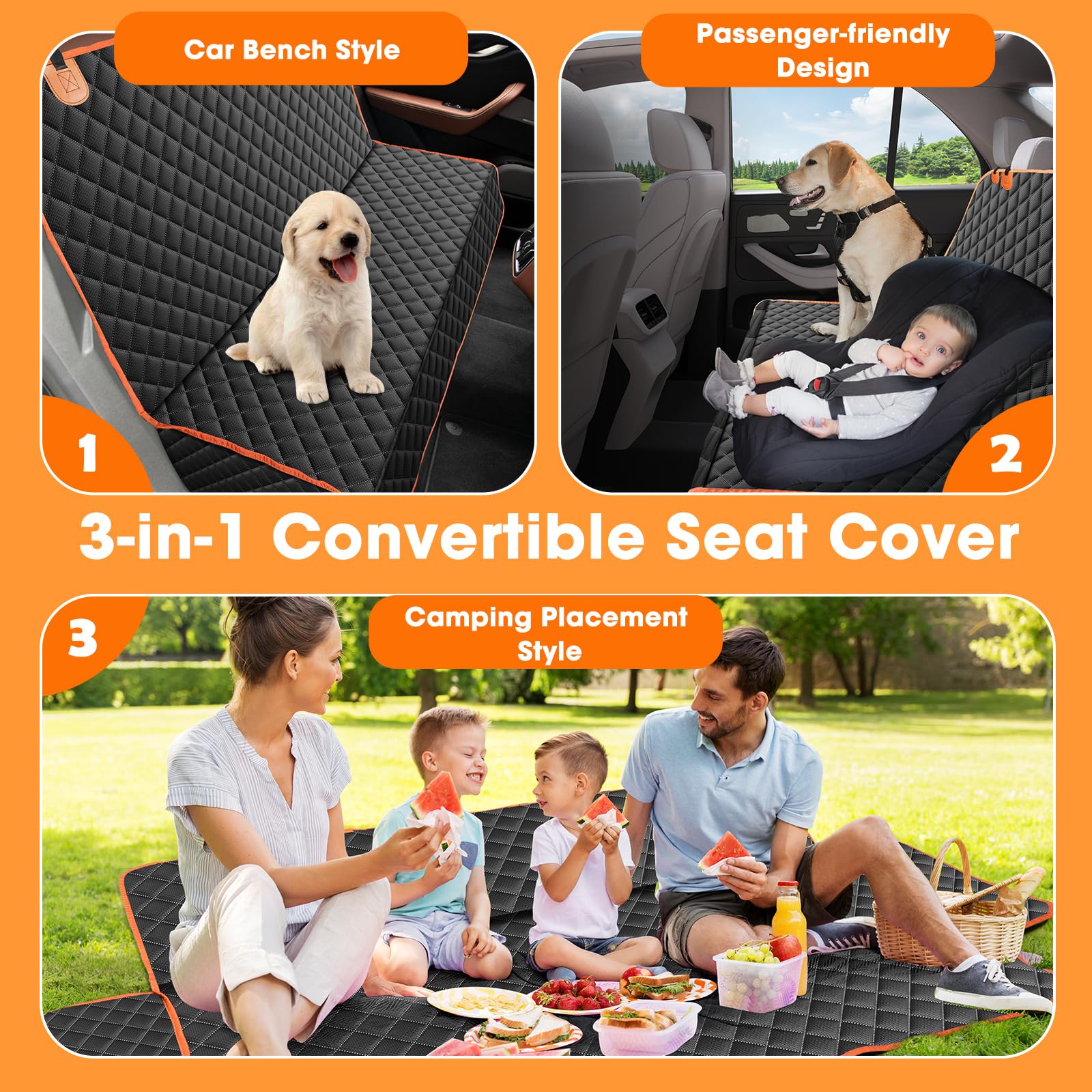 MixJOY 3-in-1 convertible seat cover demonstrates versatile backseat setup for families.