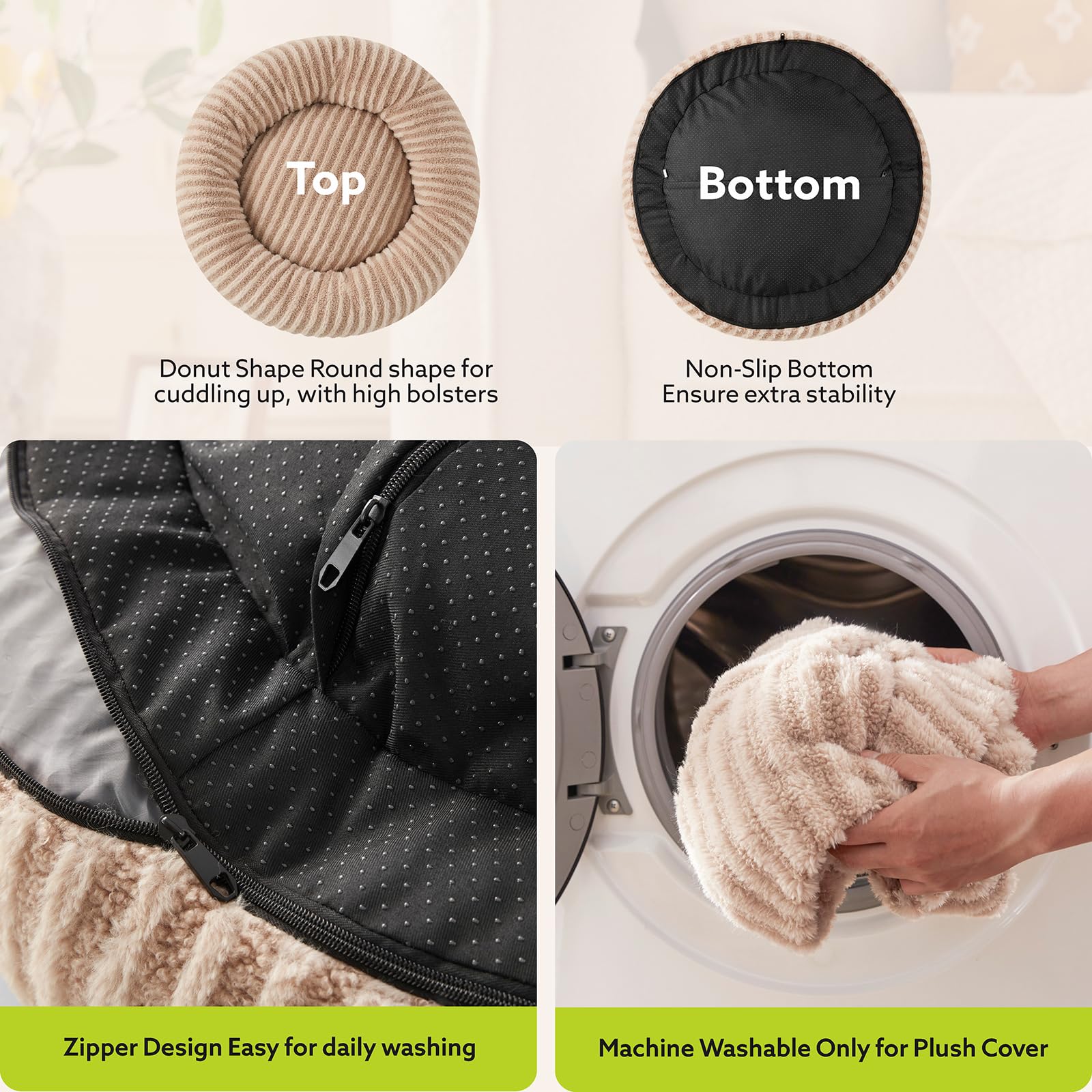 MIXJOY cat bed donut design in beige suitable for indoor cats.