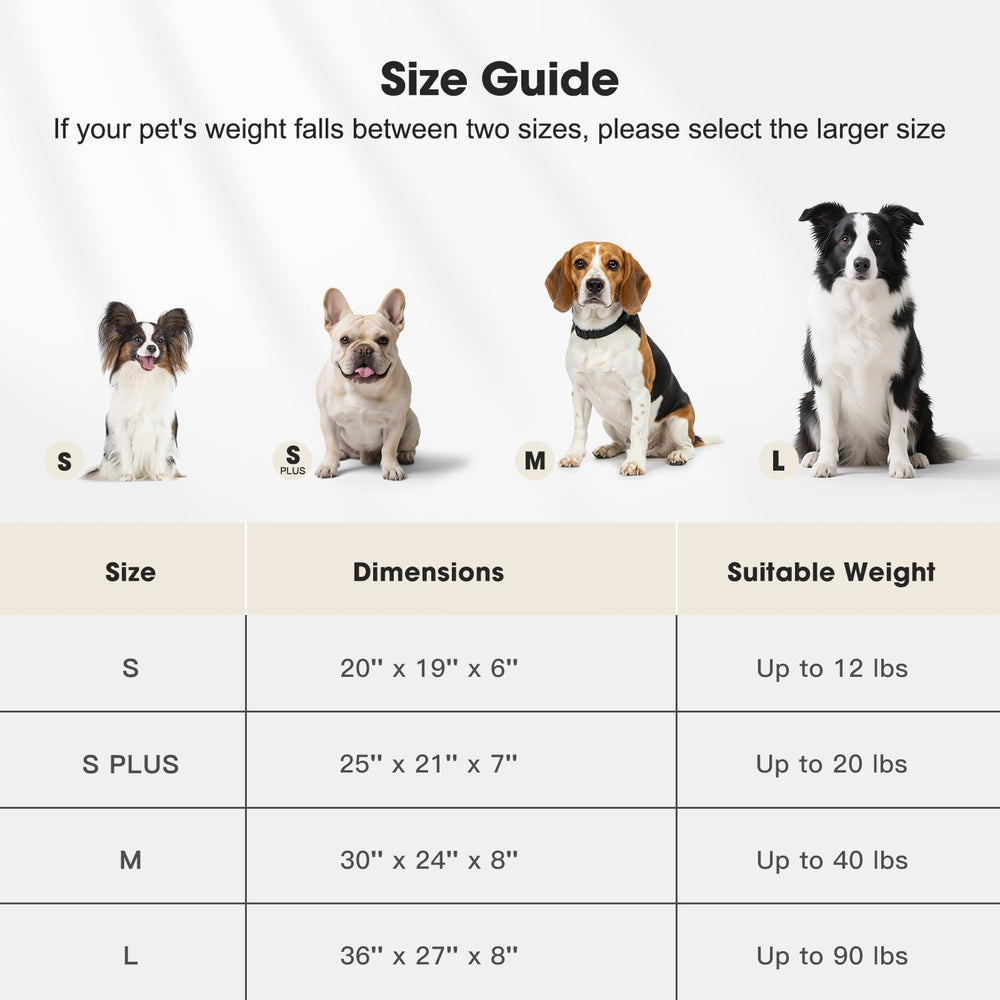 MIXJOY dog bed medium size guide highlighting compatibility for small to large pets.