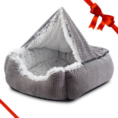 MIXJOY rectangle cave dog bed in grey with three-sided bolsters for secure sleep.