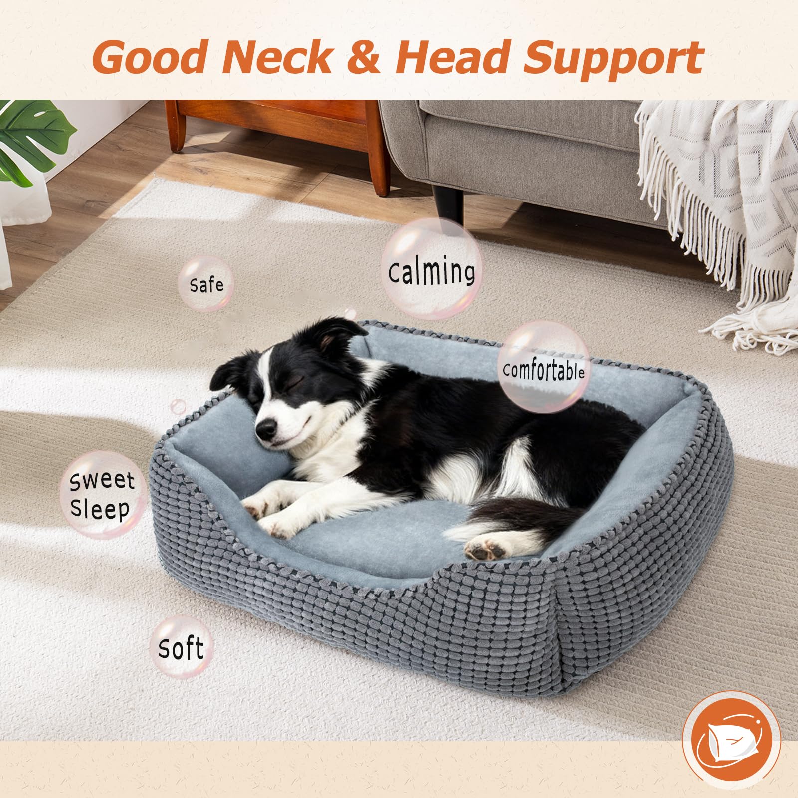 MIXJOY dog bed rectangle gray close-up interior with soft flannel fabric.