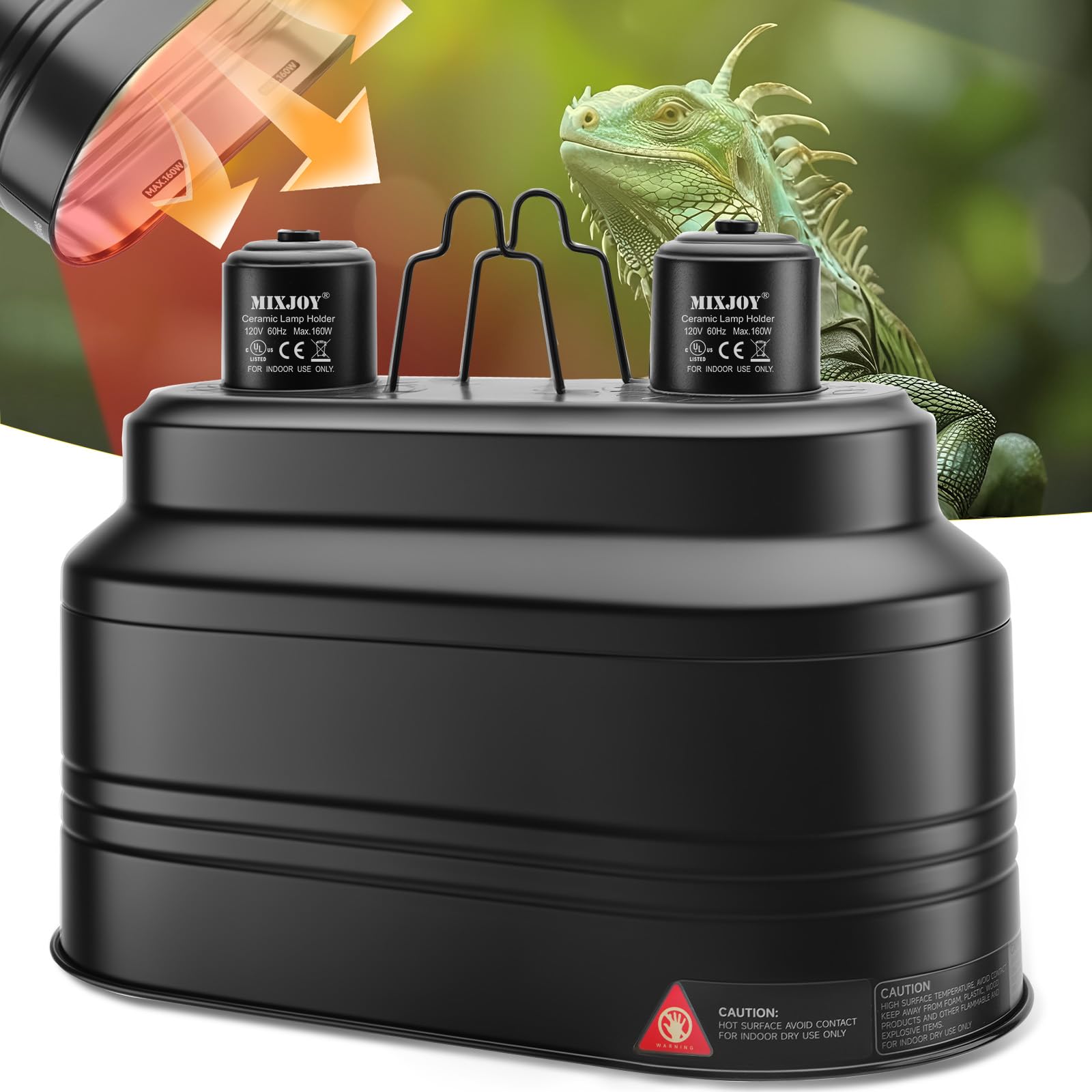 MIXJOY dual reptile light fixture front view with two sockets for heat and UVB lighting in terrariums.