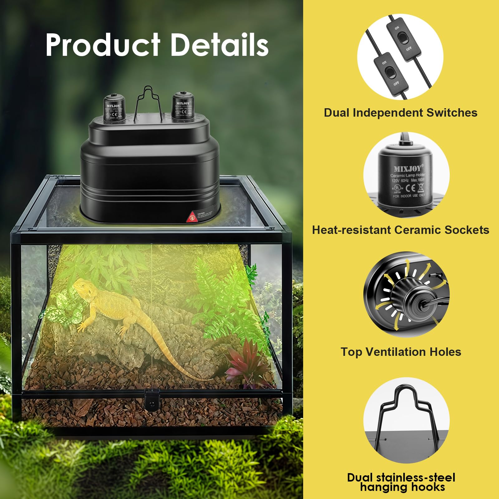 MIXJOY dual reptile light fixture side view shows robust heat-resistant sockets for durable use.