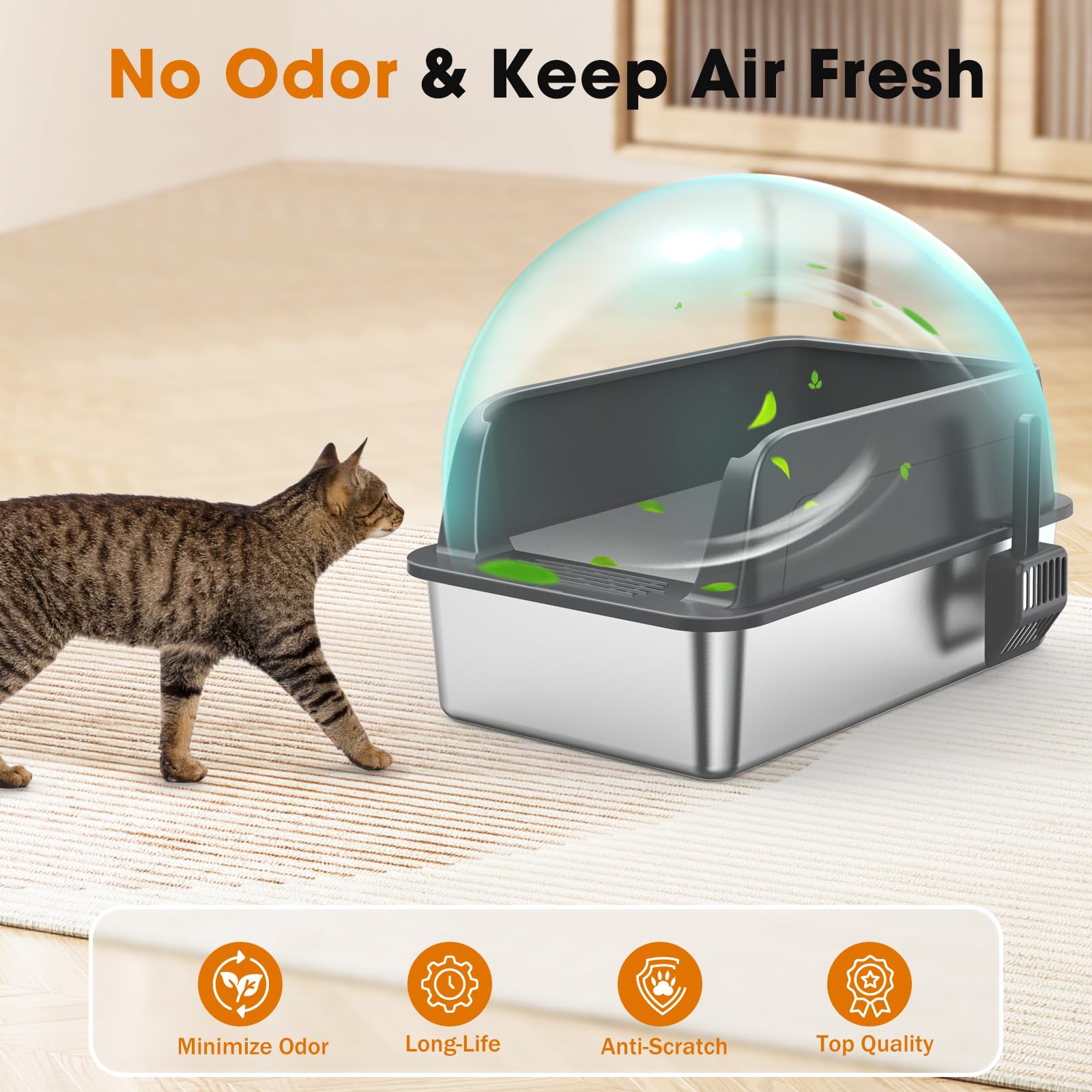 MIXJOY stainless steel litter box capacity up to 37L for large cats and multi-cat homes.