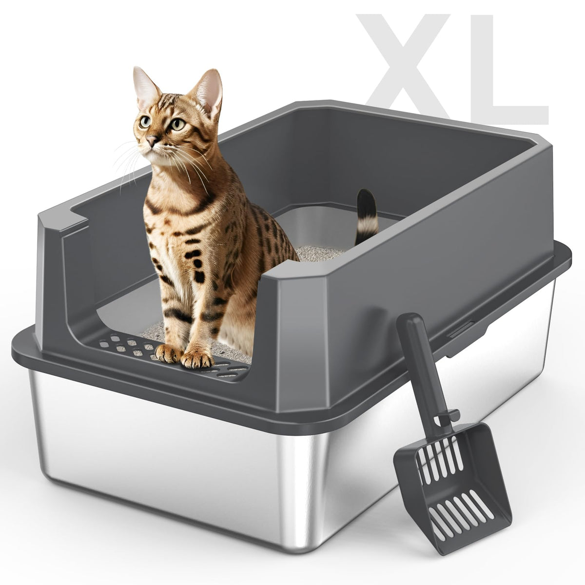 MIXJOY stainless steel litter-box XL full view highlights durable structure and ample space for large cats