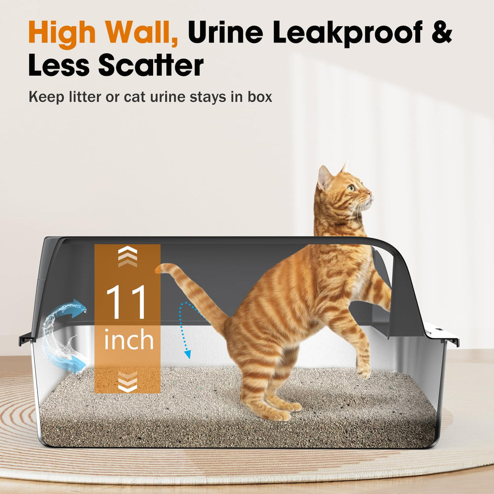 MIXJOY stainless steel XL litter box side profile showing high walls for privacy and containment.