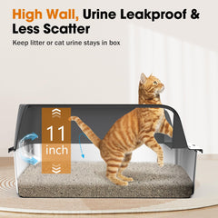 MIXJOY stainless steel XL litter box side profile showing high walls for privacy and containment.