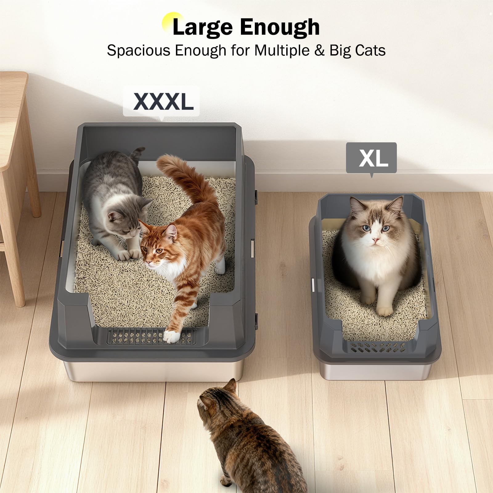 MIXJOY XXXXL stainless steel litter box side close-up highlights durable construction