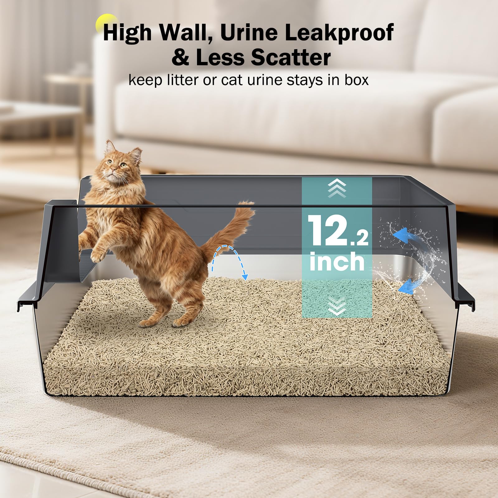 MIXJOY stainless steel litter box in use with a large cat