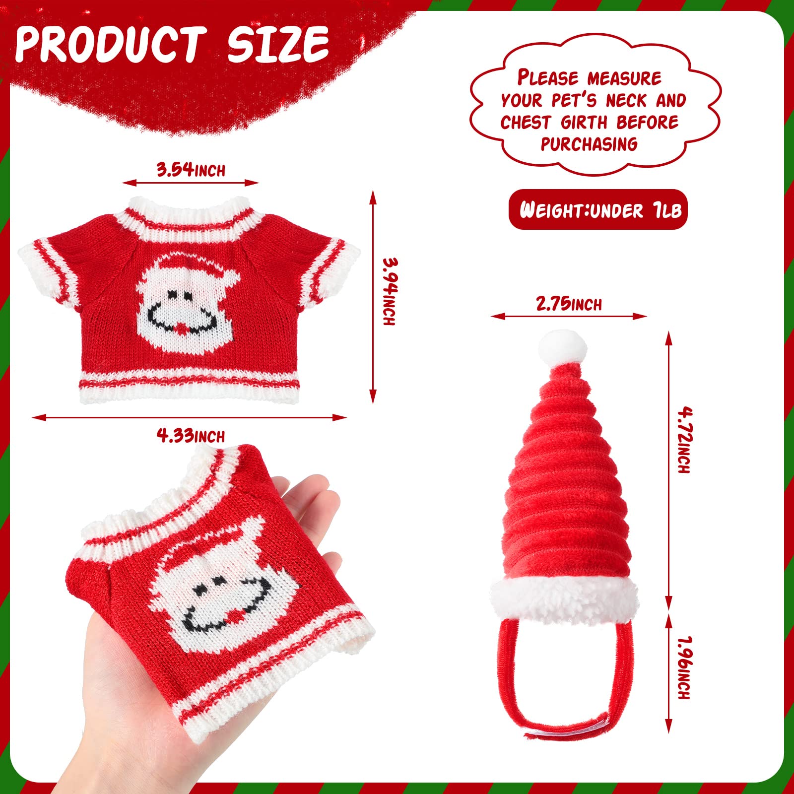 Mixweer hand knitted hat Santa style on a small animal for cute seasonal flair.