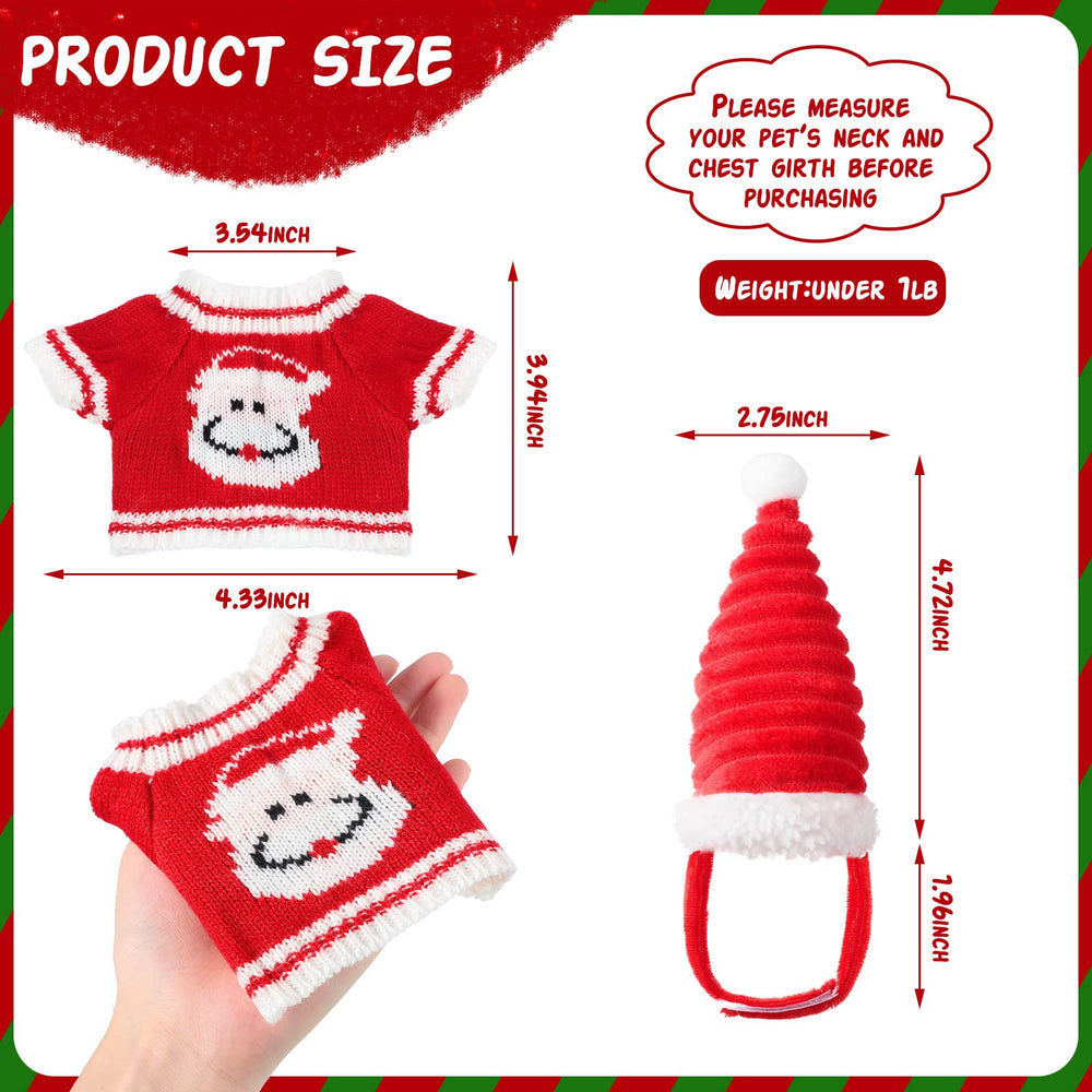 Mixweer hand knitted hat Santa style on a small animal for cute seasonal flair.