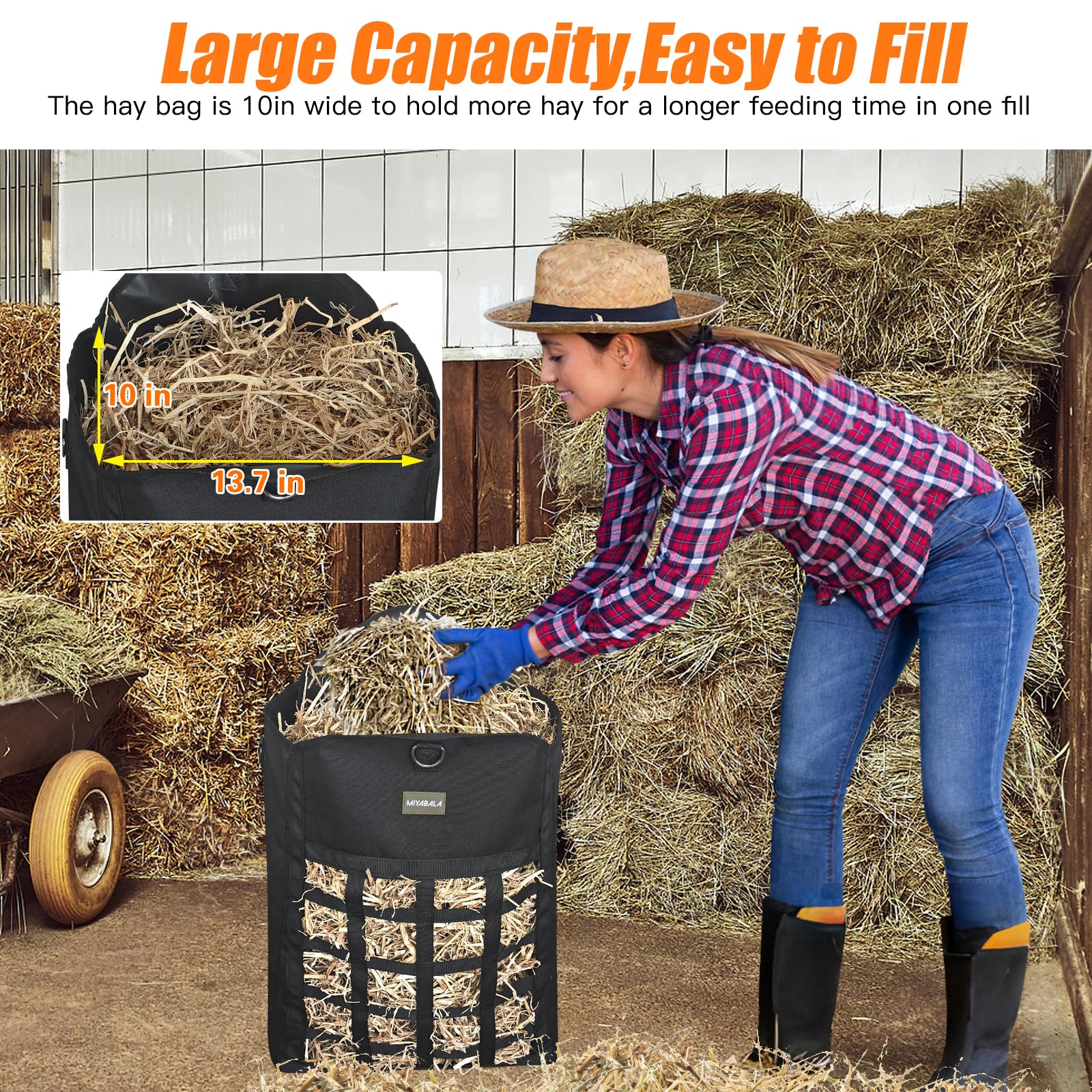 MIYABALA hay bag top opening secured to prevent hay pull-through