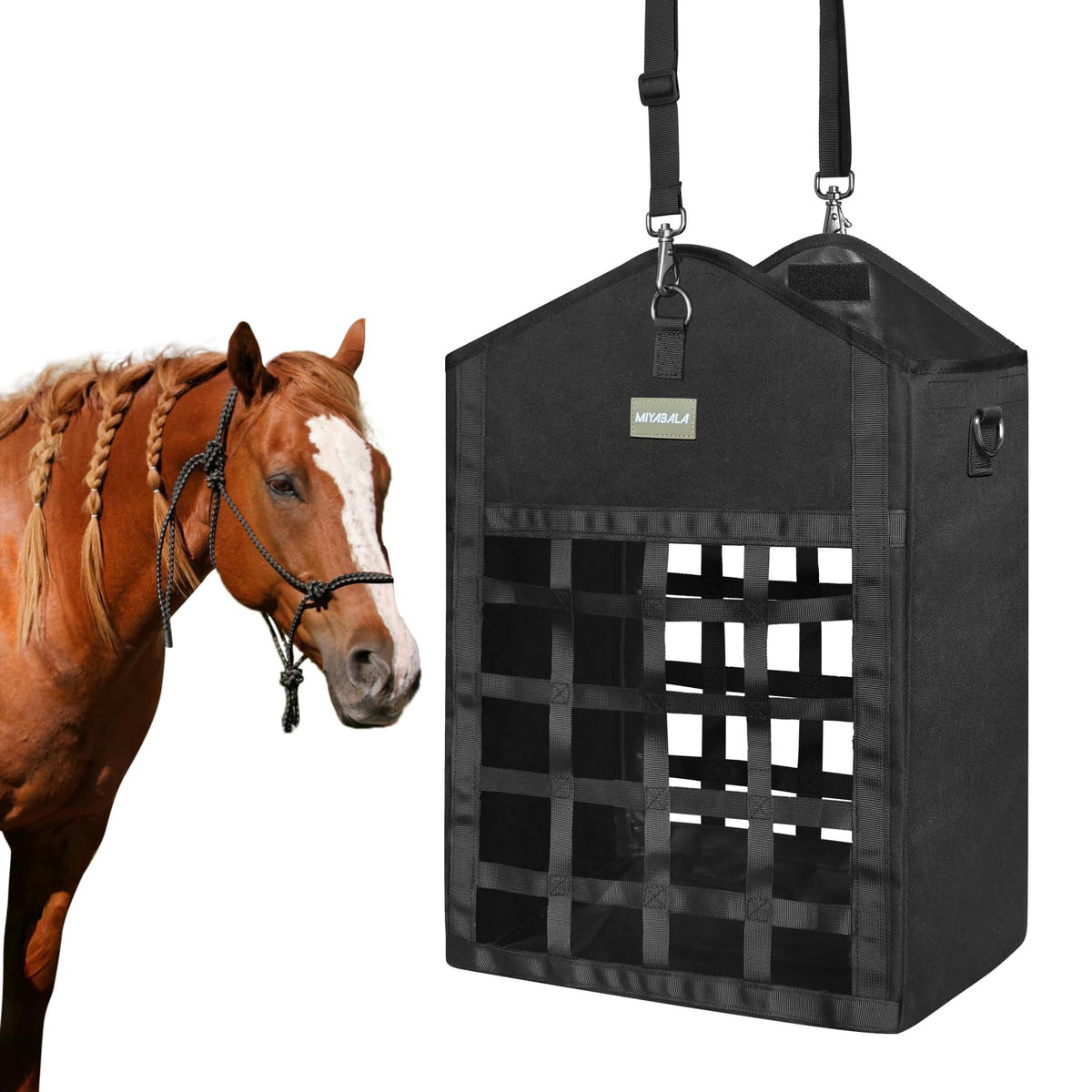 MIYABALA hay bag two-sided slow feeding design supports calm grazing