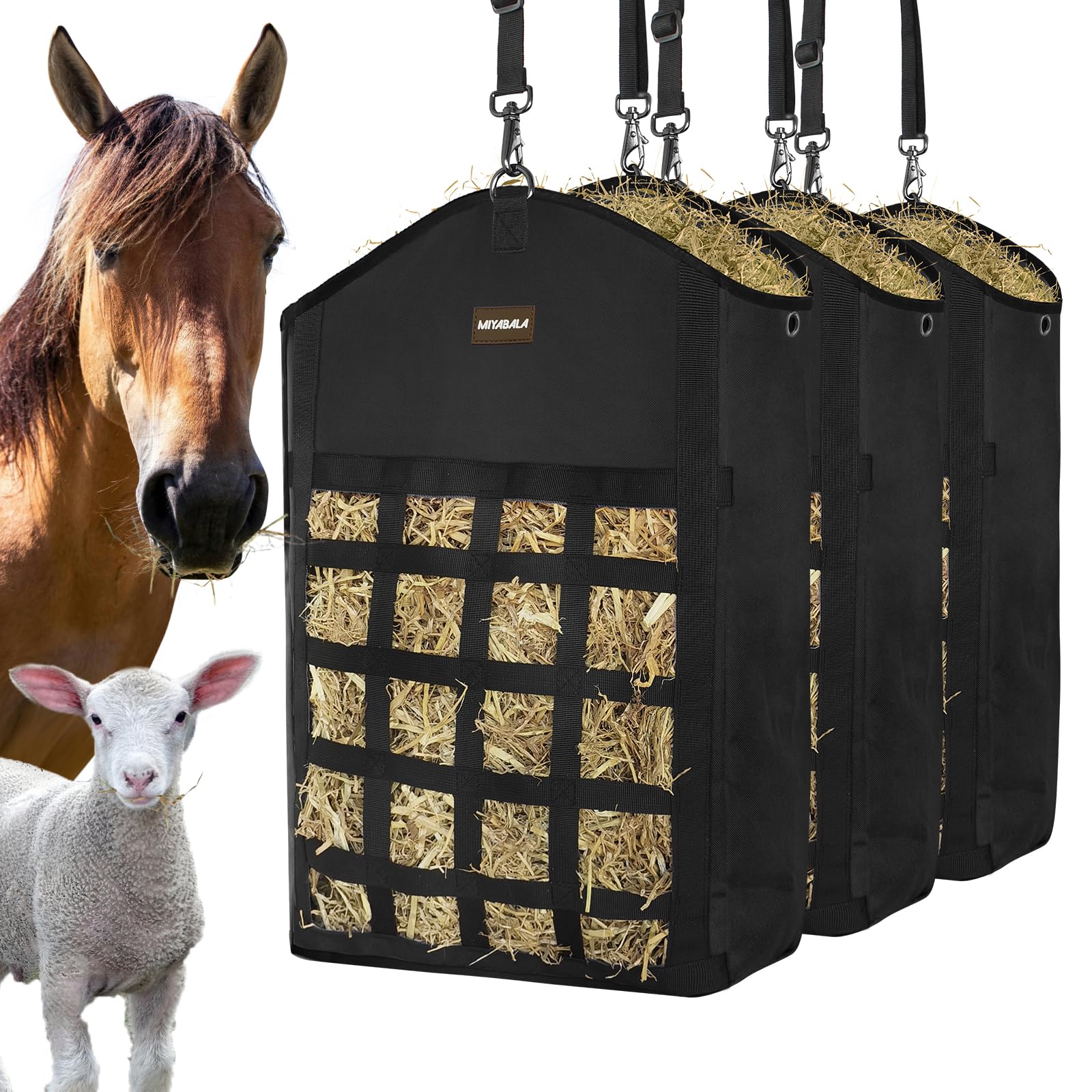 MIYABALA hay bags with front slow-feed net for controlled grazing