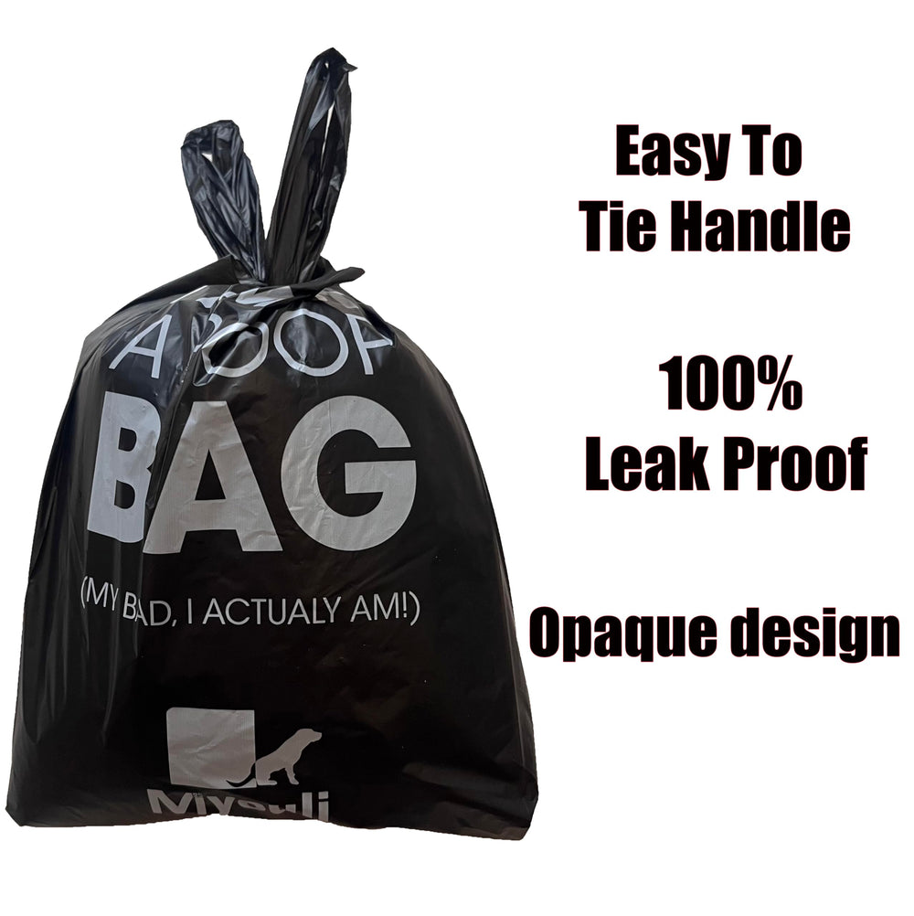 Miyouli black poop bags with handles for easy knot-and-dispose use.