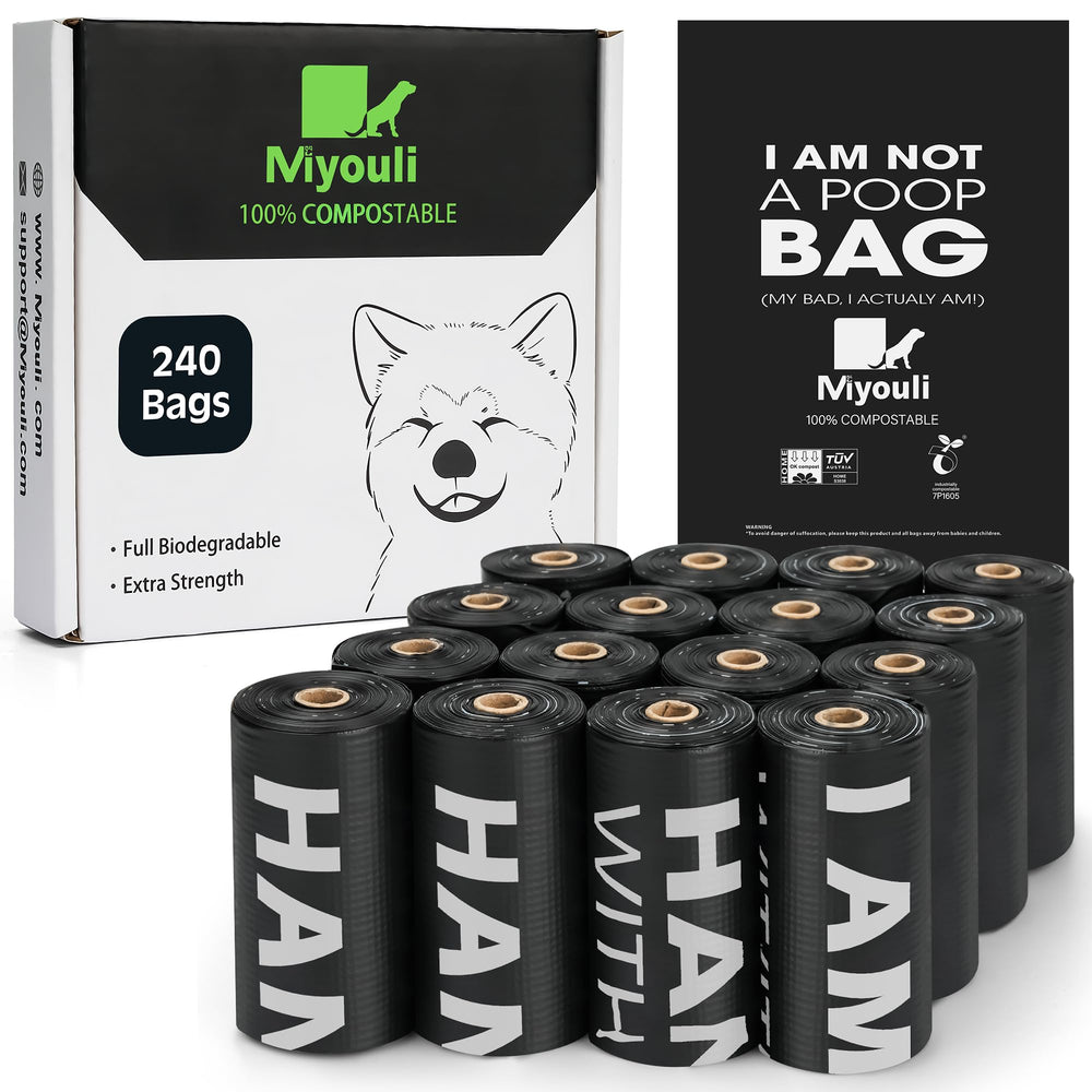 Miyouli compostable poop bag rolls fit most dispensers for easy cleanup.
