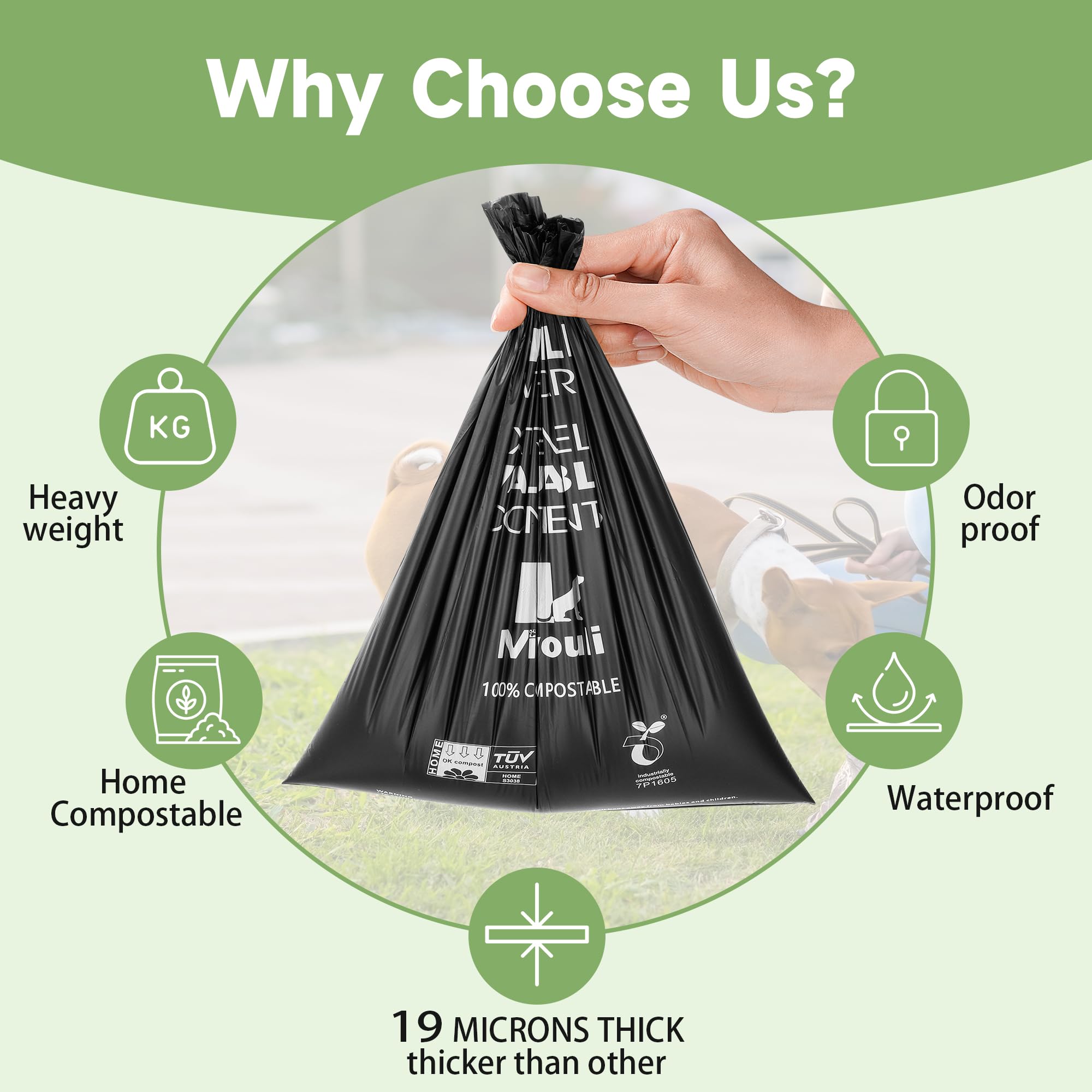 Miyouli poop bags in a dispenser demonstrate universal fit for on-the-go walks.