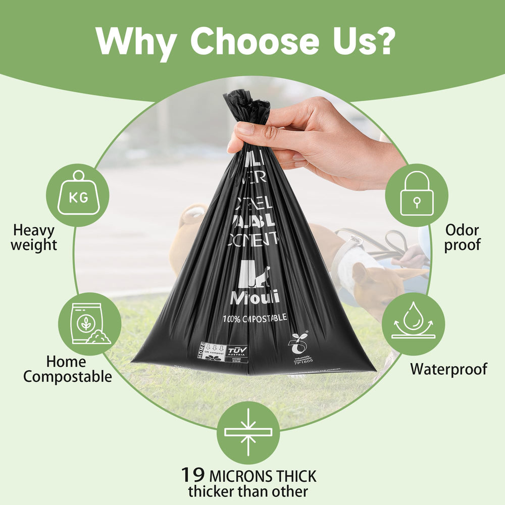 Miyouli poop bags in a dispenser demonstrate universal fit for on-the-go walks.
