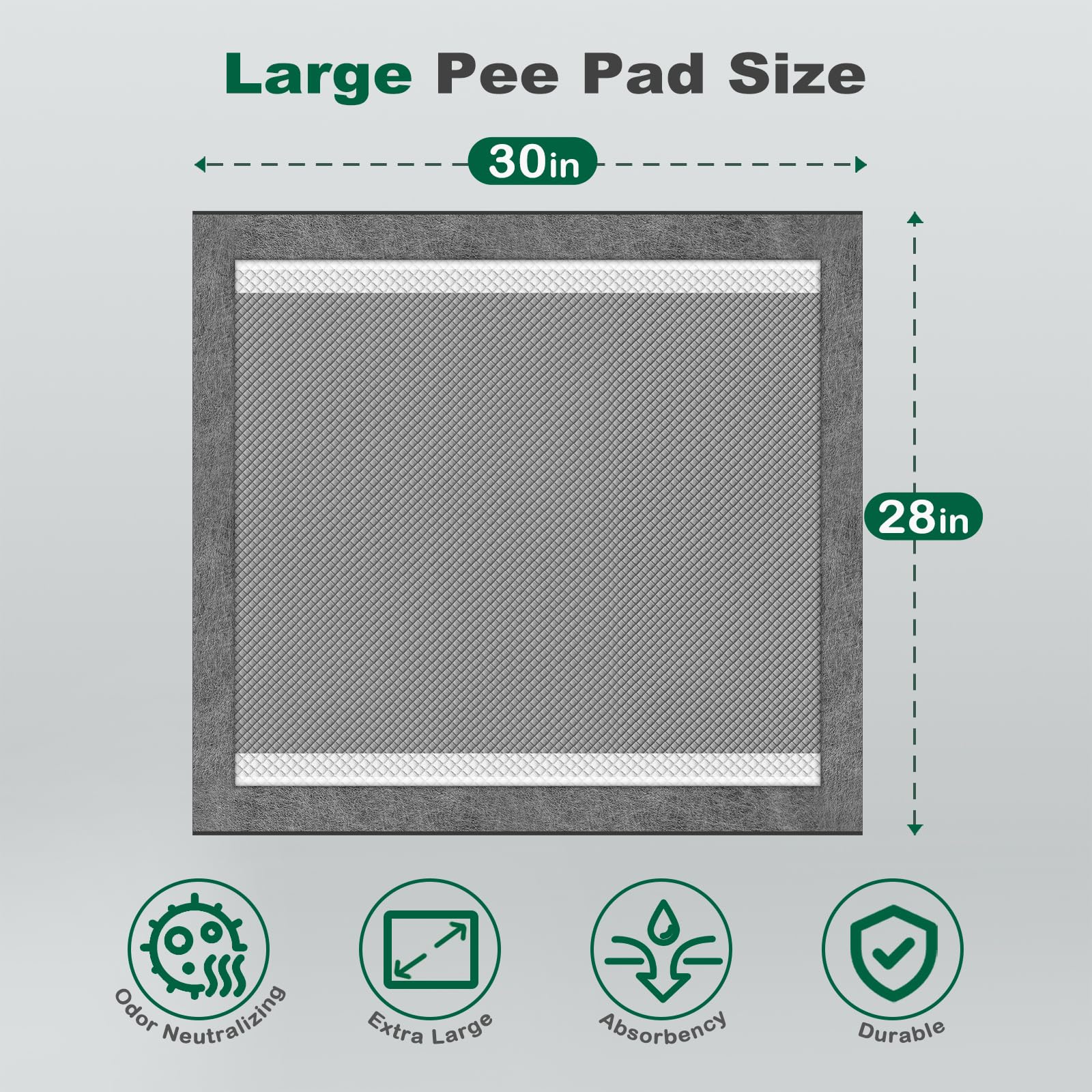 MIZOK 28x30 charcoal pee pad with leak-proof backing protects floors during accidents.