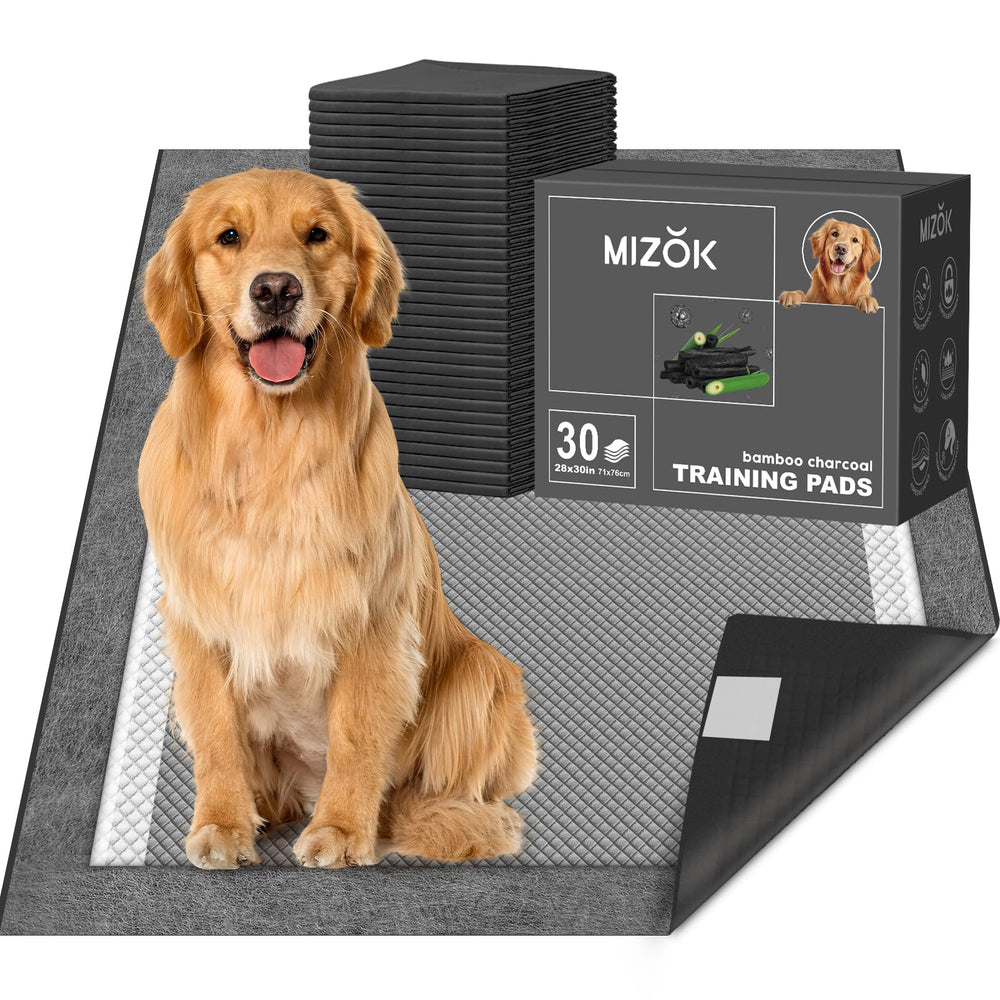 MIZOK dog pee pad 28x30 charcoal packaging view showing eco-friendly materials.