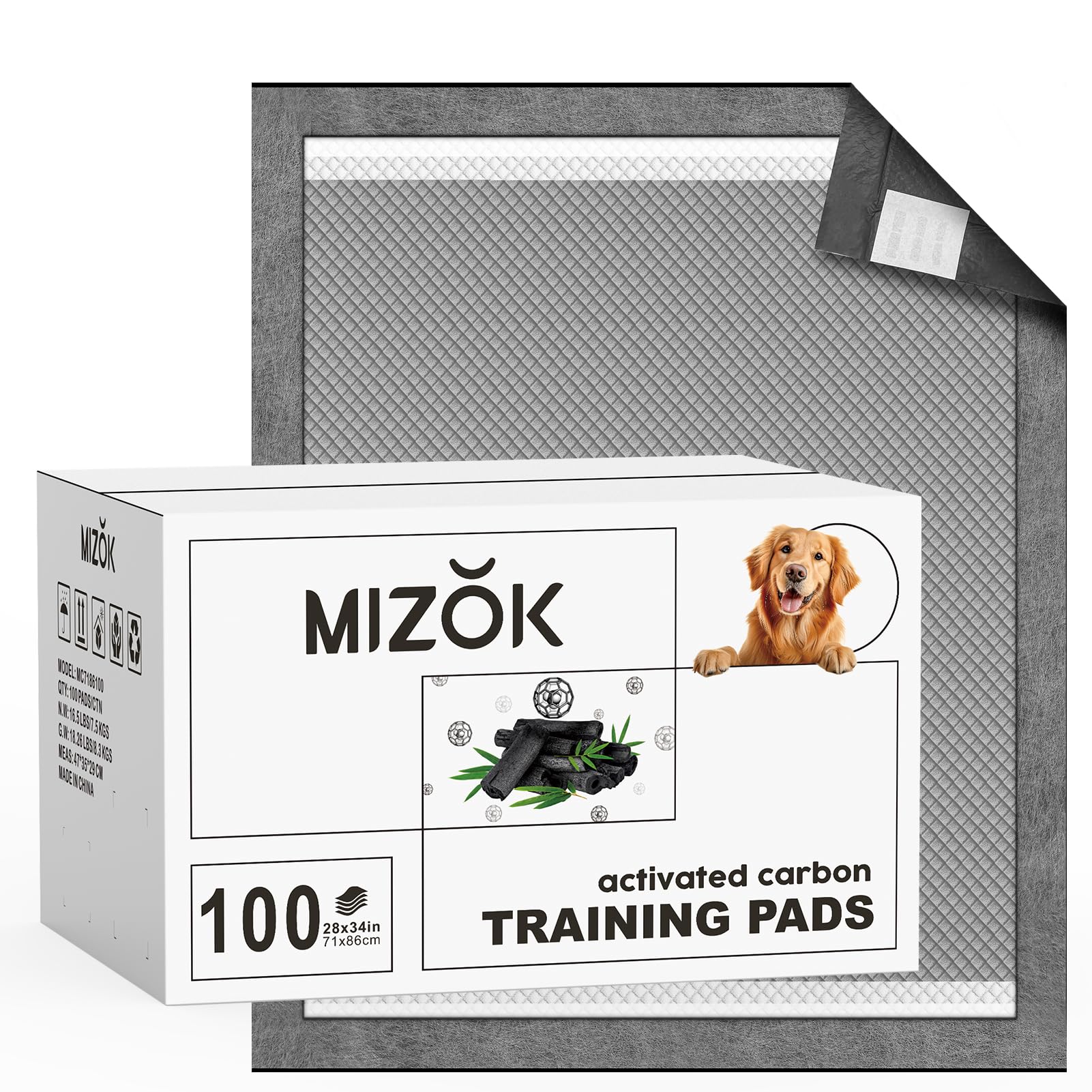 MIZOK black charcoal pee pad 23x24 inches with odor control for training.