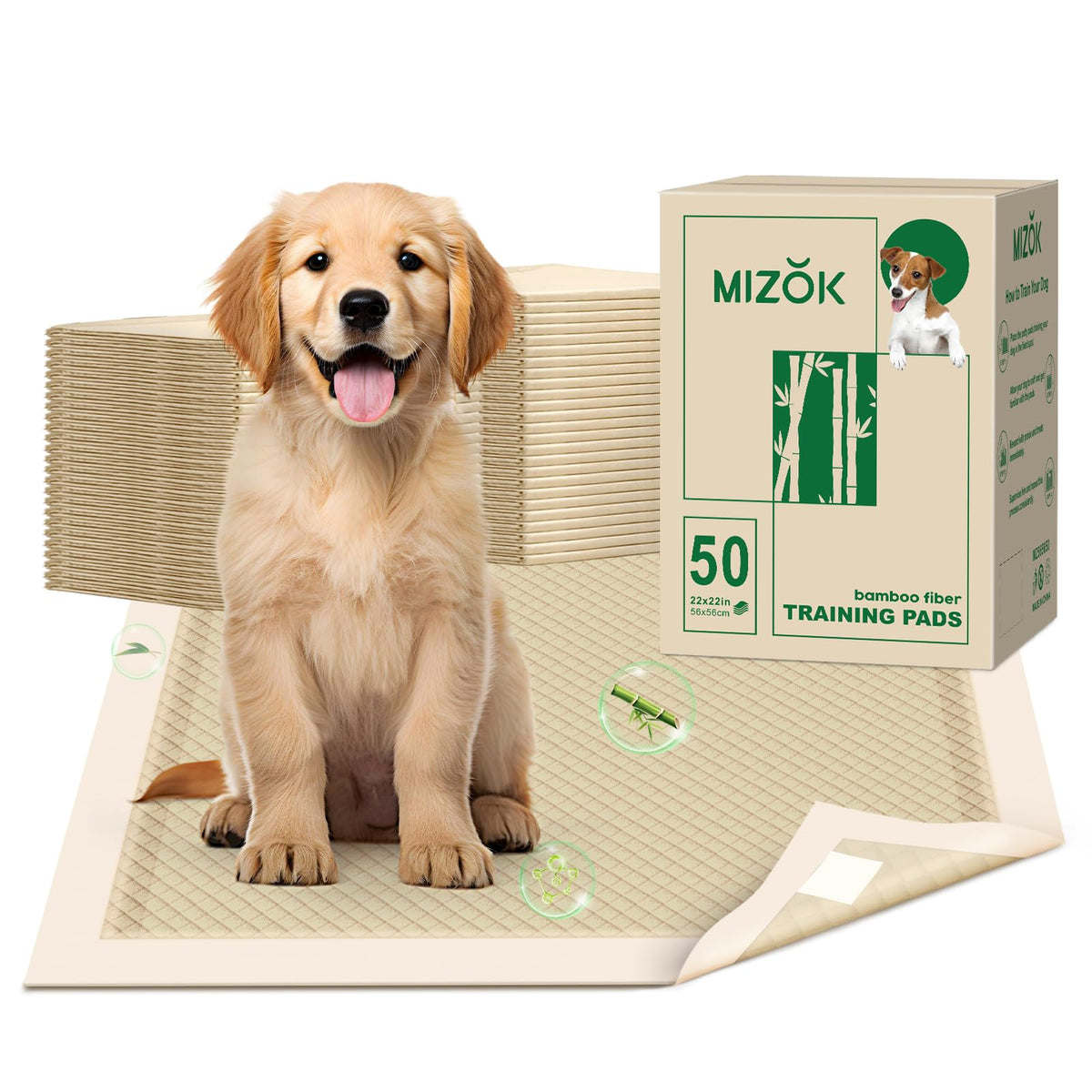 MIZOK puppy pads packaging box demonstrating eco-friendly design for dog owners