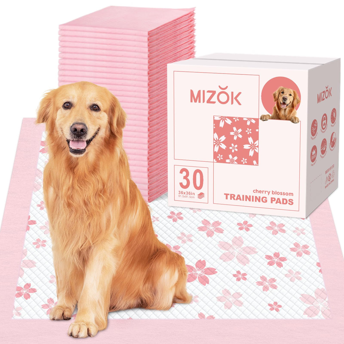MIZOK puppy pads with cherry blossom pattern provide elegant indoor protection for accidents.