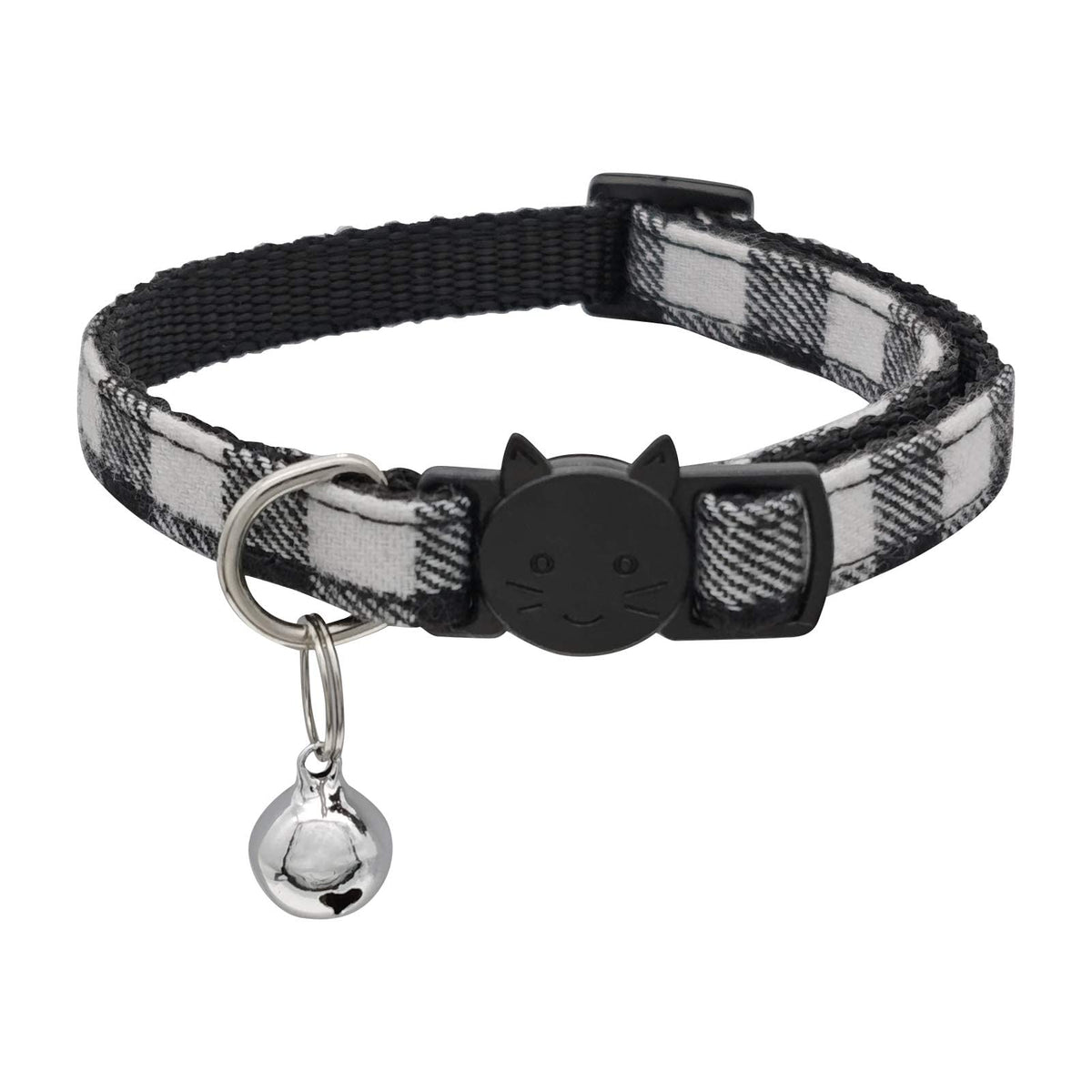 MJIYA cat collar with bell plaid front view shows adjustable size for a comfortable fit.