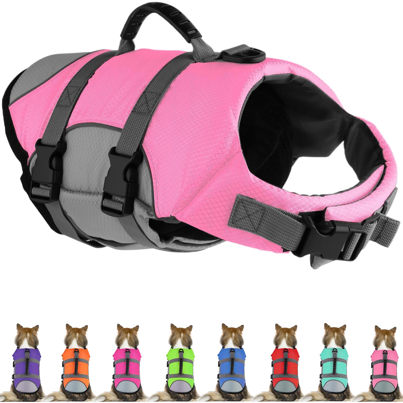 Mklhgty dog life jacket front view showing secure fit for swimming safety
